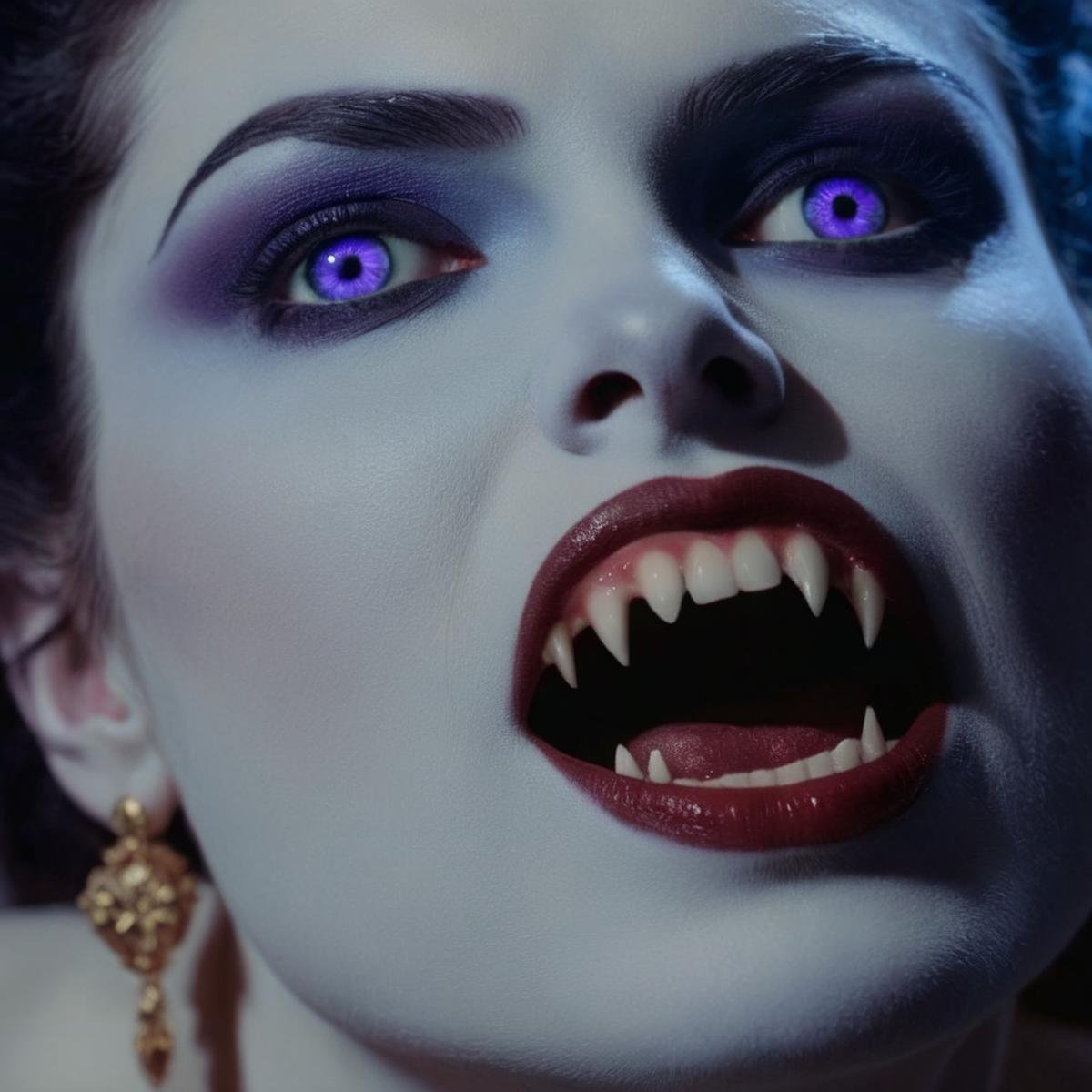 cinematic film still of  <lora:vampire fangs teeth 2:1.2>Gorgons in Greek mythology frank frazetta painting of a Female Vampire woman with a vampire makeup and a Vampire Fangs Teeth and reflective purple blue eyes staring at camera, shallow depth of field, vignette, highly detailed, high budget, bokeh, cinemascope, moody, epic, gorgeous, film grain, grainy