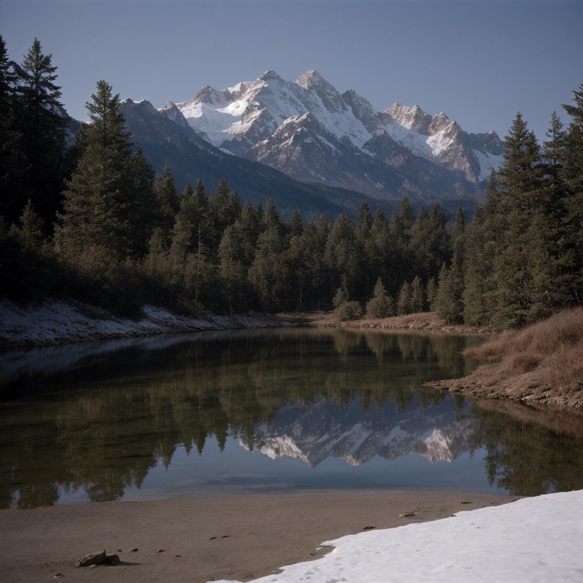 cinematic film still of  <lora:Ron Fricke style SD1.5:0.9>a mountain reflected in a lake with trees,outdoors,day,signature,tree,no humans,nature,scenery,snow,branch , realistic, realism, movie still, film grain, kodak film, film contrast, film color, cinematography, documentary, photography, 70 mm film, 65 mm film, Todd-AO, Todd-AO 35, 8K resolution, Ron Fricke film director style, Ron Fricke film directing style, Ron Fricke style, shallow depth of field, vignette, highly detailed, high budget, bokeh, cinemascope, moody, epic, gorgeous, film grain, grainy