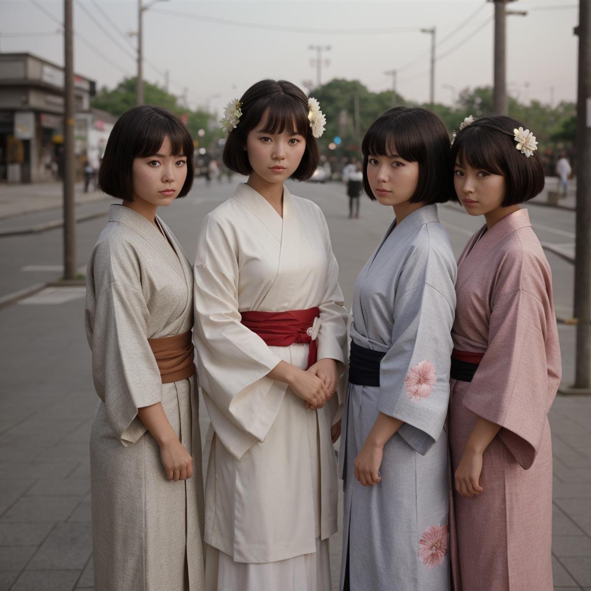 cinematic film still of  <lora:Ron Fricke style SD1.5:1>three women in kimono are standing in a line,looking at viewer,short hair,multiple girls,black hair,hair ornament,long sleeves,flower,japanese clothes,hair flower,3girls,wide sleeves,kimono,sash,mask,obi,white kimono,realistic , realistic, realism, movie still, film grain, kodak film, film contrast, film color, cinematography, documentary, photography, 70 mm film, 65 mm film, Todd-AO, Todd-AO 35, 8K resolution, Ron Fricke film director style, Ron Fricke film directing style, Ron Fricke style, shallow depth of field, vignette, highly detailed, high budget, bokeh, cinemascope, moody, epic, gorgeous, film grain, grainy