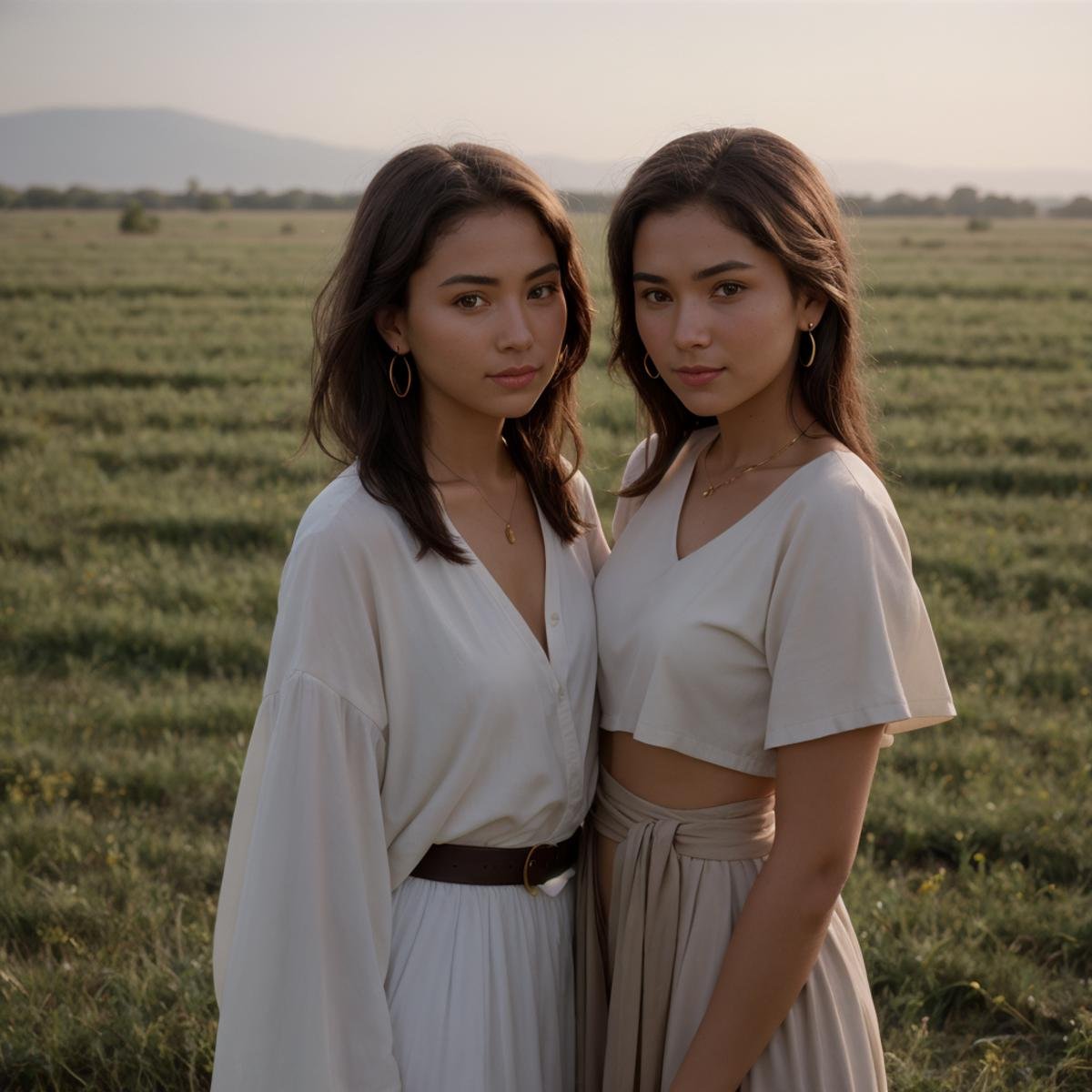 cinematic film still of  <lora:Ron Fricke style SD1.5:1>two women standing next to each other in a field,looking at viewer,smile,multiple girls,brown hair,brown eyes,jewelry,closed mouth,upper body,earrings,outdoors,day,dark skin,blurry,dark-skinned female,blurry background,6+girls,realistic,female child,turban , realistic, realism, movie still, film grain, kodak film, film contrast, film color, cinematography, documentary, photography, 70 mm film, 65 mm film, Todd-AO, Todd-AO 35, 8K resolution, Ron Fricke film director style, Ron Fricke film directing style, Ron Fricke style, shallow depth of field, vignette, highly detailed, high budget, bokeh, cinemascope, moody, epic, gorgeous, film grain, grainy