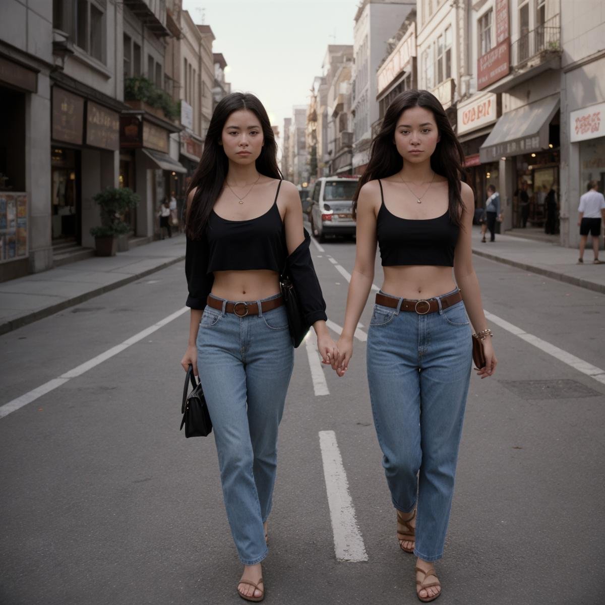 cinematic film still of  <lora:Ron Fricke style SD1.5:0.9>two women walking down a street in a city,long hair,multiple girls,black hair,navel,2girls,jewelry,midriff,belt,pants,necklace,bag,bracelet,cat,tank top,denim,camisole,jeans , realistic, realism, movie still, film grain, kodak film, film contrast, film color, cinematography, documentary, photography, 70 mm film, 65 mm film, Todd-AO, Todd-AO 35, 8K resolution, Ron Fricke film director style, Ron Fricke film directing style, Ron Fricke style, shallow depth of field, vignette, highly detailed, high budget, bokeh, cinemascope, moody, epic, gorgeous, film grain, grainy