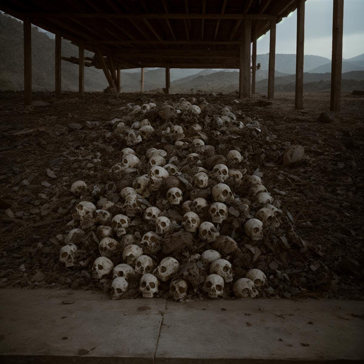 cinematic film still of  <lora:Ron Fricke style SD1.5:0.9>a pile of skulls sitting on top of a wooden floor,no humans,skull , realistic, realism, movie still, film grain, kodak film, film contrast, film color, cinematography, documentary, photography, 70 mm film, 65 mm film, Todd-AO, Todd-AO 35, 8K resolution, Ron Fricke film director style, Ron Fricke film directing style, Ron Fricke style, shallow depth of field, vignette, highly detailed, high budget, bokeh, cinemascope, moody, epic, gorgeous, film grain, grainy