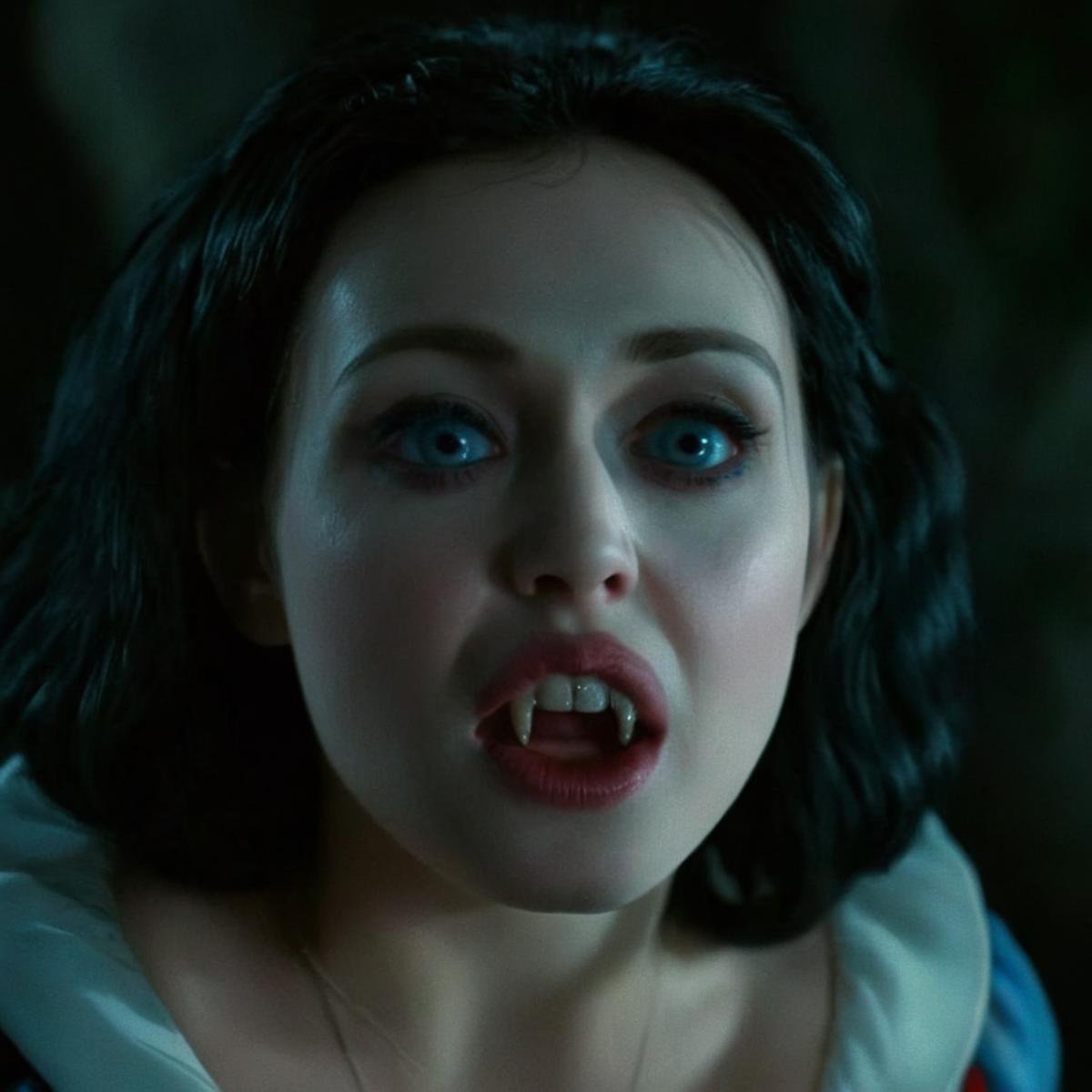 cinematic film still of  <lora:vampire teeth v3:1><lora:Snow White v3:0.55> Snow White a closeup horny woman with a vampire teeth and a surprised look on her face In 1500s 15th Century, dark night, white pale skin, reflective eyes, shallow depth of field, vignette, highly detailed, high budget, bokeh, cinemascope, moody, epic, gorgeous, film grain, grainy