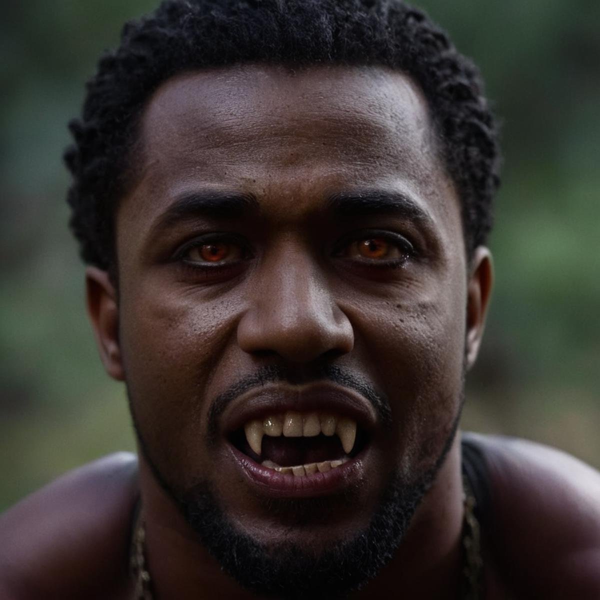 Dark Fantasy Art of  <lora:vampire teeth v3:1>cinematic film still of A black man with a demon face Vampire Fangs Teeth staring at camera, shallow depth of field, vignette, highly detailed, high budget, bokeh, cinemascope, moody, epic, gorgeous, film grain, grainy, dark, moody, dark fantasy style