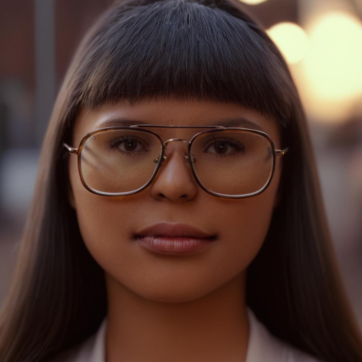 UHD, 4k, ultra detailed, cinematic, a photograph of  <lora:Ron Fricke style v2:0.8> In  Ron Fricke style, Todd-AO 35, Anamorphic bokeh style of a woman with glasses on her face and a hand on her ear, detailed style, sharp style, perfection style, cinematic style, film style, kodak style, fujifilm style, 35mm film style, oval bokeh style, anamorphic blur background style, special effect bokeh style, anamorphic lens distortion style, anamorphic film style, anamorphic bokeh style, 1girl, solo, long hair, bangs, brown hair, closed mouth, closed eyes, glasses, hand up, blurry, lips, parted bangs, eyelashes, blurry background, portrait, close-up, realistic, nose, round eyewear, dark skin, dark-skinned female, looking at viewer, facial mark, photorealistic, epic, beautiful lighting, inpsiring