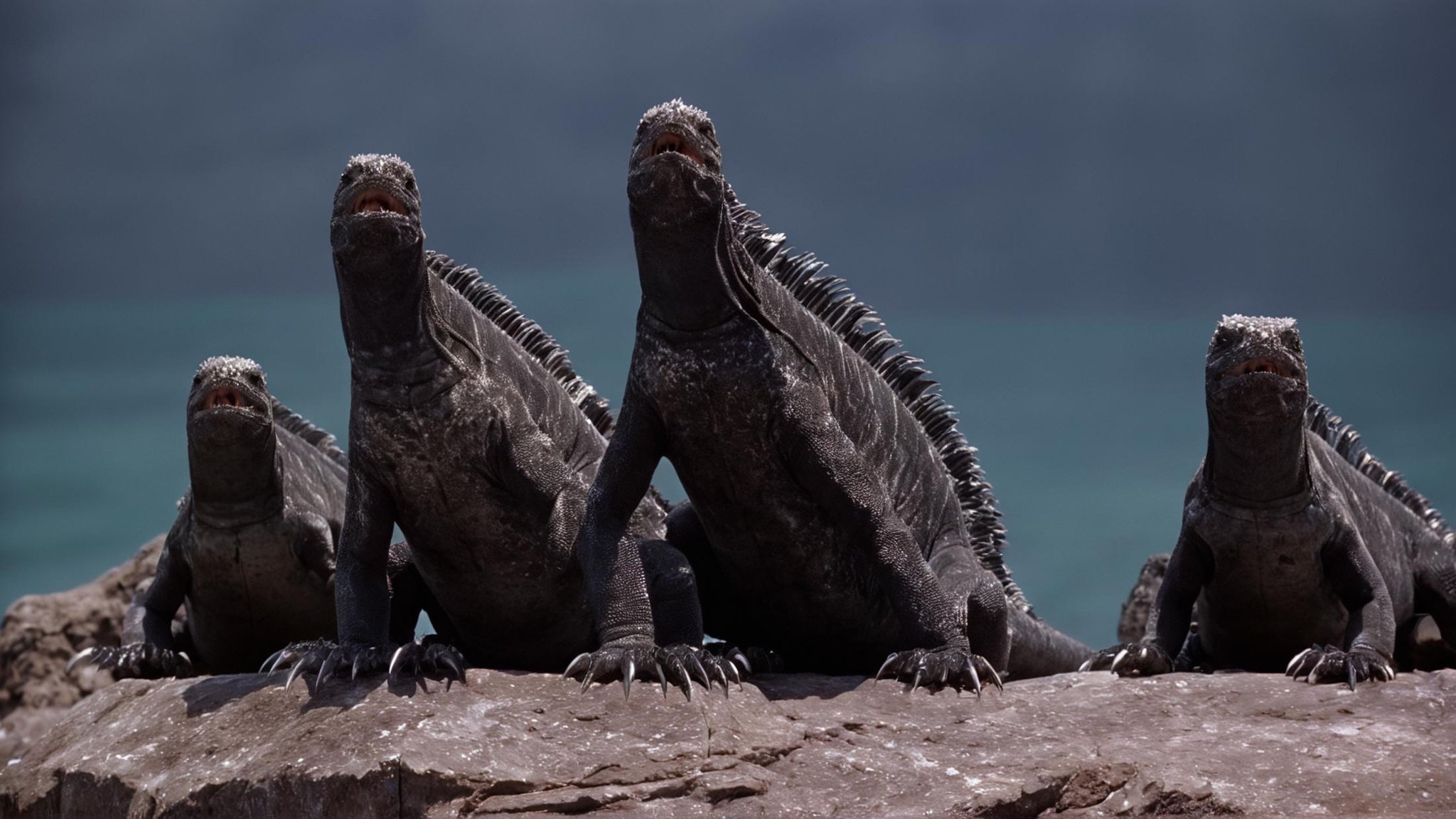 cinematic film still of  <lora:Ron Fricke style v2:0.9>a group of marine iguanas sitting on rocks,open mouth,outdoors,sky,teeth,blurry,no humans,blurry background,sharp teeth,monster,kaijuu,godzilla , realistic, realism, movie still, film grain, kodak film, film contrast, film color, cinematography, documentary, photography, 70 mm film, 65 mm film, Todd-AO, Todd-AO 35, 8K resolution, Ron Fricke film director style, Ron Fricke film directing style, Ron Fricke style, shallow depth of field, vignette, highly detailed, high budget, bokeh, cinemascope, moody, epic, gorgeous, film grain, grainy