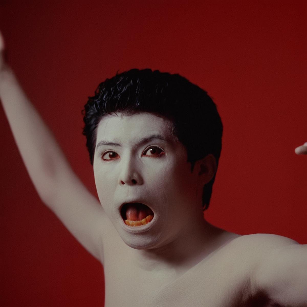 cinematic film still of  <lora:Ron Fricke style v2:0.9>a man with a white face and black hair,solo,short hair,open mouth,black hair,1boy,male focus,teeth,tongue,hands up,red background,realistic,horror (theme) , realistic, realism, movie still, film grain, kodak film, film contrast, film color, cinematography, documentary, photography, 70 mm film, 65 mm film, Todd-AO, Todd-AO 35, 8K resolution, Ron Fricke film director style, Ron Fricke film directing style, Ron Fricke style, shallow depth of field, vignette, highly detailed, high budget, bokeh, cinemascope, moody, epic, gorgeous, film grain, grainy