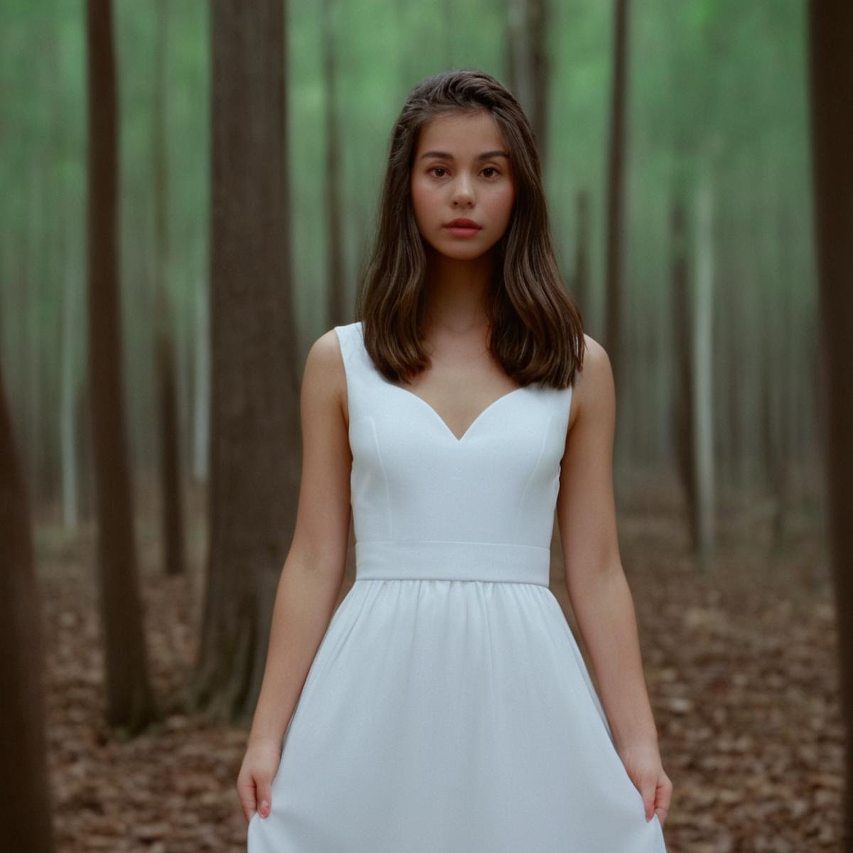 UHD, 4k, ultra detailed, cinematic, a photograph of  <lora:Ron Fricke style v2:0.8> In  Ron Fricke style, Todd-AO 35, Anamorphic bokeh style of a woman in a white dress standing in a forest, detailed style, sharp style, perfection style, cinematic style, film style, kodak style, fujifilm style, 35mm film style, oval bokeh style, anamorphic blur background style, special effect bokeh style, anamorphic lens distortion style, anamorphic film style, anamorphic bokeh style, 1girl, solo, long hair, looking at viewer, brown hair, dress, brown eyes, looking back, white dress, tree, lips, traditional media, nature, forest, realistic, bare shoulders, outdoors, muscular, painting (medium), photorealistic, epic, beautiful lighting, inpsiring