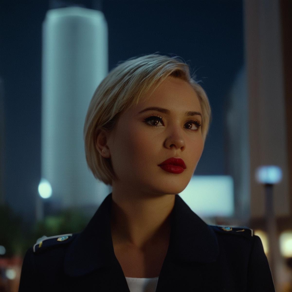 UHD, 4k, ultra detailed, cinematic, a photograph of  <lora:Ron Fricke style v2:0.8> In  Ron Fricke style, Todd-AO 35, Anamorphic bokeh style of a woman standing in front of a city at night, detailed style, sharp style, perfection style, cinematic style, film style, kodak style, fujifilm style, 35mm film style, oval bokeh style, anamorphic blur background style, special effect bokeh style, anamorphic lens distortion style, anamorphic film style, anamorphic bokeh style, 1girl, solo, short hair, blonde hair, upper body, blurry, lips, depth of field, blurry background, looking away, realistic, bokeh, outdoors, night, city lights, epic, beautiful lighting, inpsiring