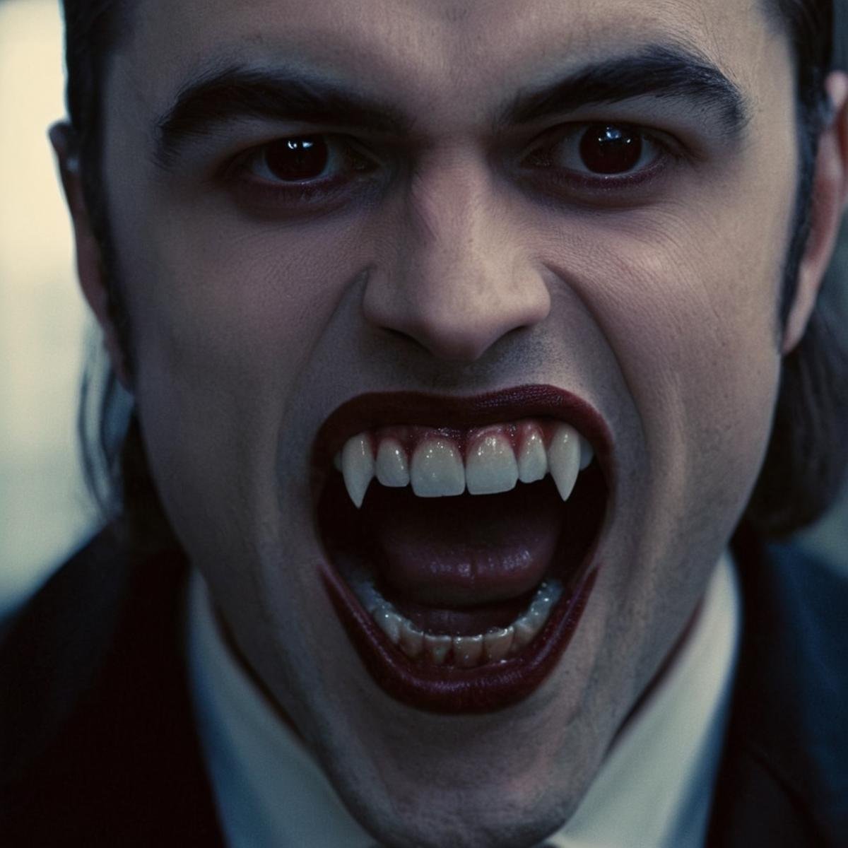 cinematic film still of  <lora:perfection style:0.5> perfection style <lora:fang:0.8>Perfect vampire fangs teeth a man with a tooth that has been cut open, scary, thriller, horror style, gothic movie themed, sharp, detailed, epic cinematic photography, artistic, creative, dramatic light, cinematic color style, Kodak film style, vampire fangs teeth style, vampire teeth style, vampire fangs style, solo, open mouth, teeth, tongue, no humans, saliva, close-up, realistic, 1girl, tongue out, traditional media, horror (theme), sharp asymmetrical smalteeth, shallow depth of field, vignette, highly detailed, high budget, bokeh, cinemascope, moody, epic, gorgeous, film grain, grainy