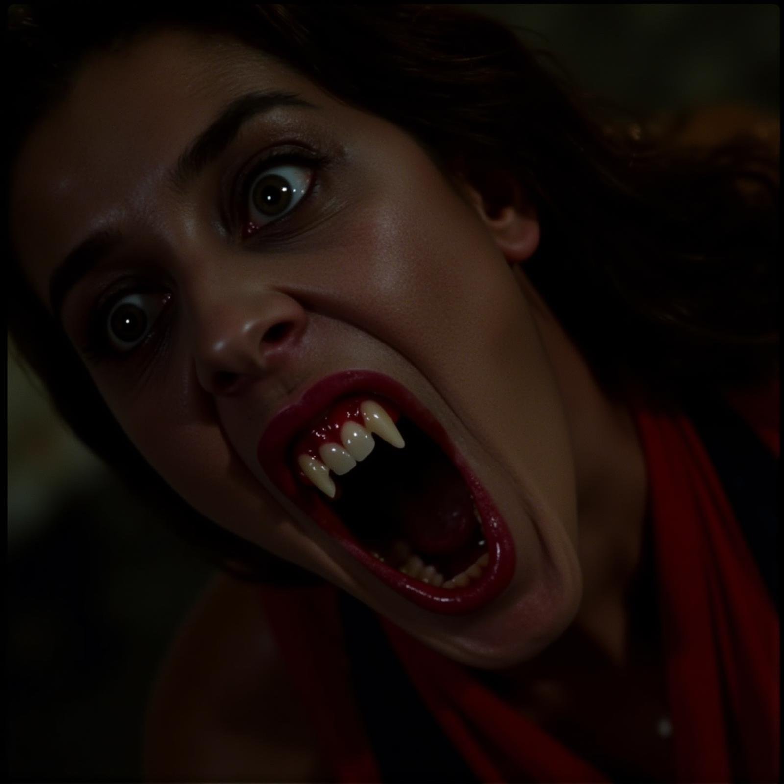 cinematic film still  <lora:vampire v1:0.9>Porifle view of a vampire fangs teeth a vampire woman with blood on her vampire fangs teeth mouth is biting someone . shallow depth of field, vignette, highly detailed, high budget, bokeh, cinemascope, moody, epic, gorgeous, film grain, grainy