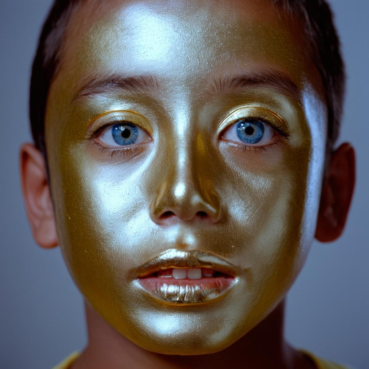 cinematic film still of  <lora:Ron Fricke style v2:1> "Kodak" "Vivid Film"a golden mask with a blue eye, solo, looking at viewer, 1boy, male focus, blurry, black eyes, depth of field, portrait, realistic, straight-on, gold, yellow skin, realistic, realism, movie still, film grain, kodak film, film contrast, film color, cinematography, documentary, photography, 70 mm film, 65 mm film, Todd-AO, Todd-AO 35, 8K resolution, Ron Fricke film director style, Ron Fricke film directing style, Ron Fricke style, teeth, shiny, colored skin, close-up, closed mouth, shallow depth of field, vignette, highly detailed, high budget, bokeh, cinemascope, moody, epic, gorgeous, film grain, grainy