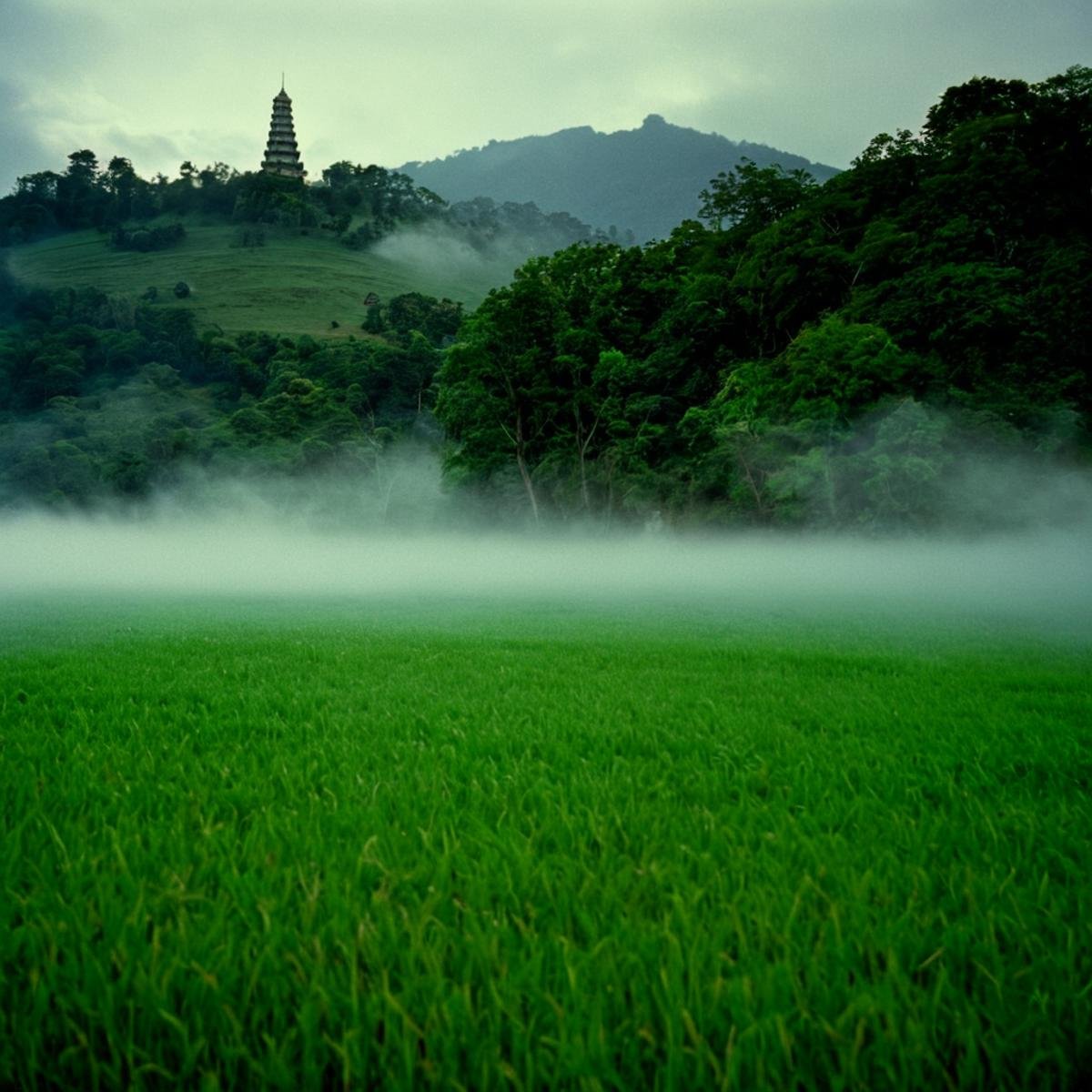 cinematic film still of  <lora:Ron Fricke style v2:1> "Kodak" "Vivid Film"a view of a large pagoda in a green field, outdoors, tree, no humans, nature, scenery, fantasy, castle, landscape, fog, realistic, realism, movie still, film grain, kodak film, film contrast, film color, cinematography, documentary, photography, 70 mm film, 65 mm film, Todd-AO, Todd-AO 35, 8K resolution, Ron Fricke film director style, Ron Fricke film directing style, Ron Fricke style, sky, cloud, building, tower, water, mountain, architecture, river, lake, shallow depth of field, vignette, highly detailed, high budget, bokeh, cinemascope, moody, epic, gorgeous, film grain, grainy