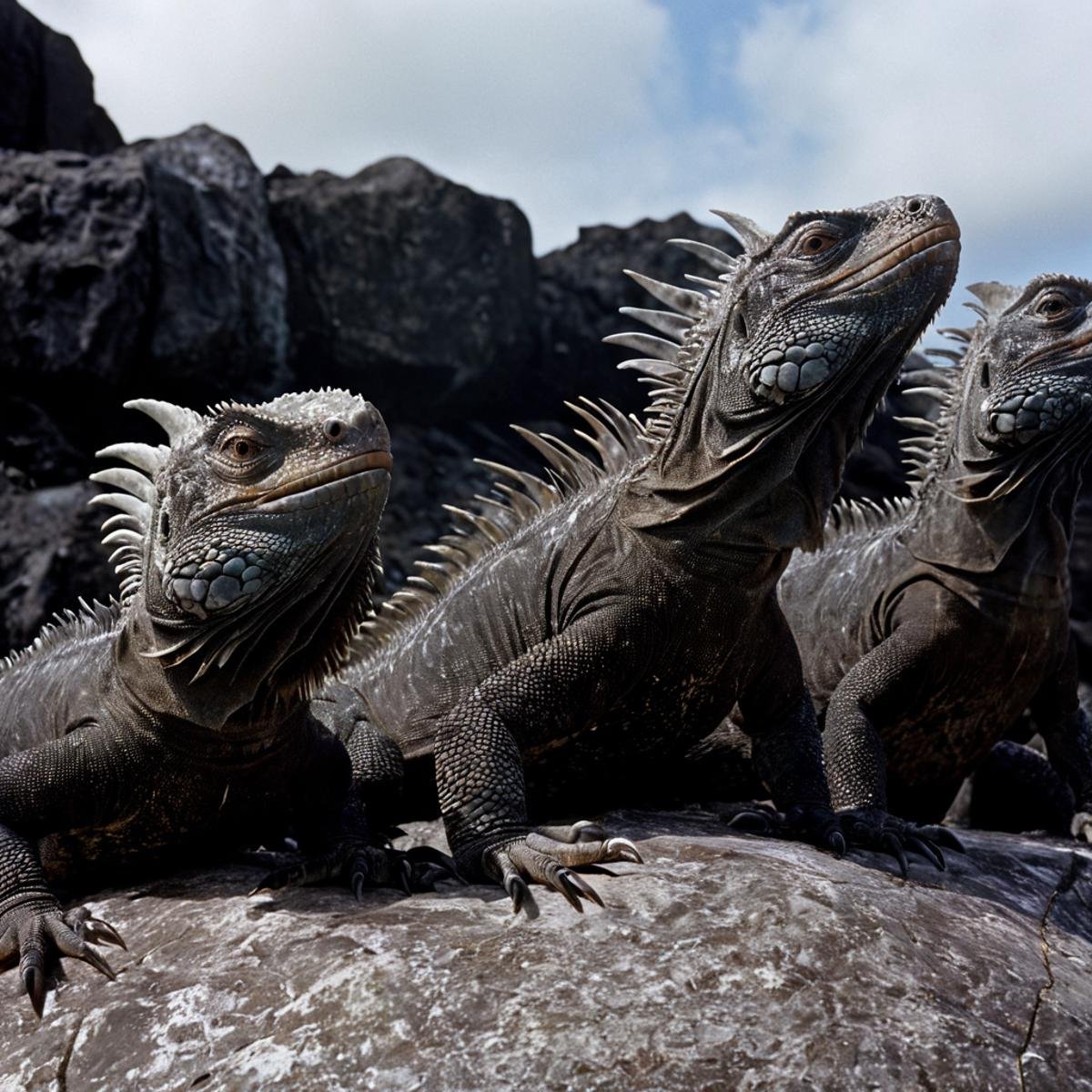 UHD, 4k, ultra detailed, cinematic, a photograph of  <lora:Ron Fricke style v2:1>a group of marine iguanas sitting on rocks, open mouth, outdoors, sky, teeth, blurry, no humans, blurry background, sharp teeth, monster, kaijuu, godzilla, realistic, realism, movie still, film grain, kodak film, film contrast, film color, cinematography, documentary, photography, 70 mm film, 65 mm film, Todd-AO, Todd-AO 35, 8K resolution, Ron Fricke film director style, Ron Fricke film directing style, Ron Fricke style, tail, claws, scales, dinosaur, guts (berserk), epic, beautiful lighting, inpsiring