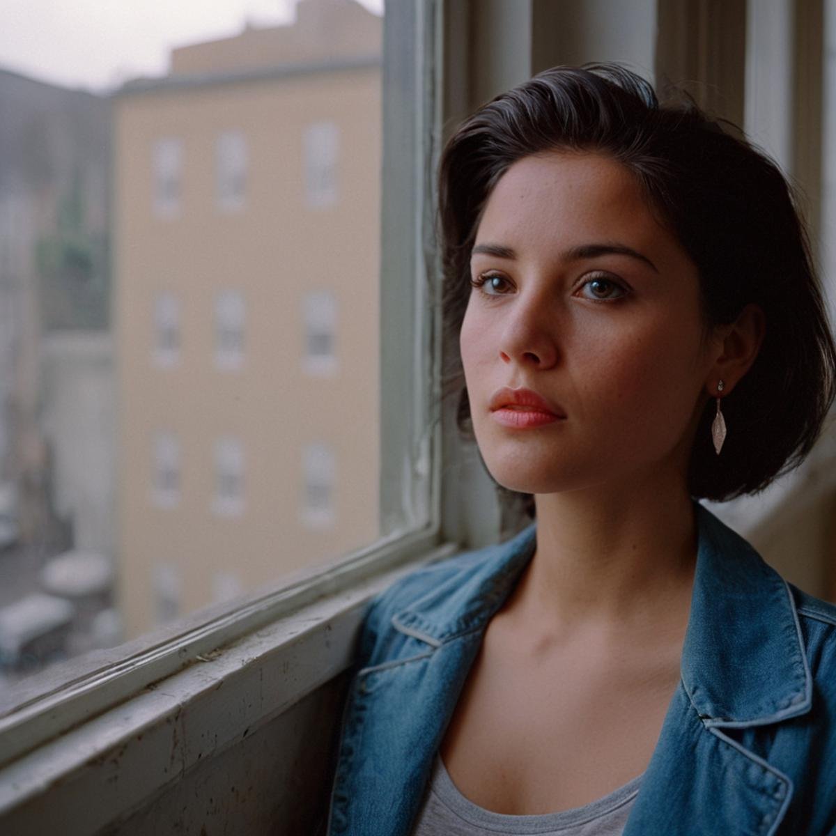 cinematic film still of  <lora:Ron Fricke style v2:1> "Kodak" "Vivid Film"a woman looking out a window in a building, 1girl, solo, short hair, shirt, black hair, brown eyes, jewelry, earrings, parted lips, blurry, lips, depth of field, blurry background, portrait, freckles, realistic, nose, realistic, realism, movie still, film grain, kodak film, film contrast, film color, cinematography, documentary, photography, 70 mm film, 65 mm film, Todd-AO, Todd-AO 35, 8K resolution, Ron Fricke film director style, Ron Fricke film directing style, Ron Fricke style, indoors, window, looking away, looking afar, closed mouth, jacket, shallow depth of field, vignette, highly detailed, high budget, bokeh, cinemascope, moody, epic, gorgeous, film grain, grainy