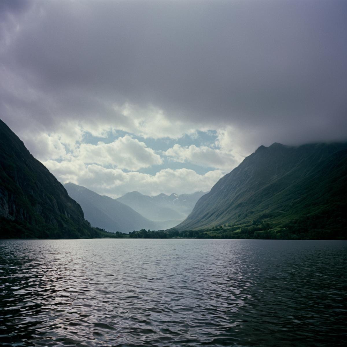 cinematic film still of  <lora:Ron Fricke style v2:1> "Kodak" "Vivid Film"a view of a lake in the middle of a mountain, outdoors, sky, cloud, no humans, scenery, mountain, landscape, fog, realistic, realism, movie still, film grain, kodak film, film contrast, film color, cinematography, documentary, photography, 70 mm film, 65 mm film, Todd-AO, Todd-AO 35, 8K resolution, Ron Fricke film director style, Ron Fricke film directing style, Ron Fricke style, cloudy sky, day, shallow depth of field, vignette, highly detailed, high budget, bokeh, cinemascope, moody, epic, gorgeous, film grain, grainy