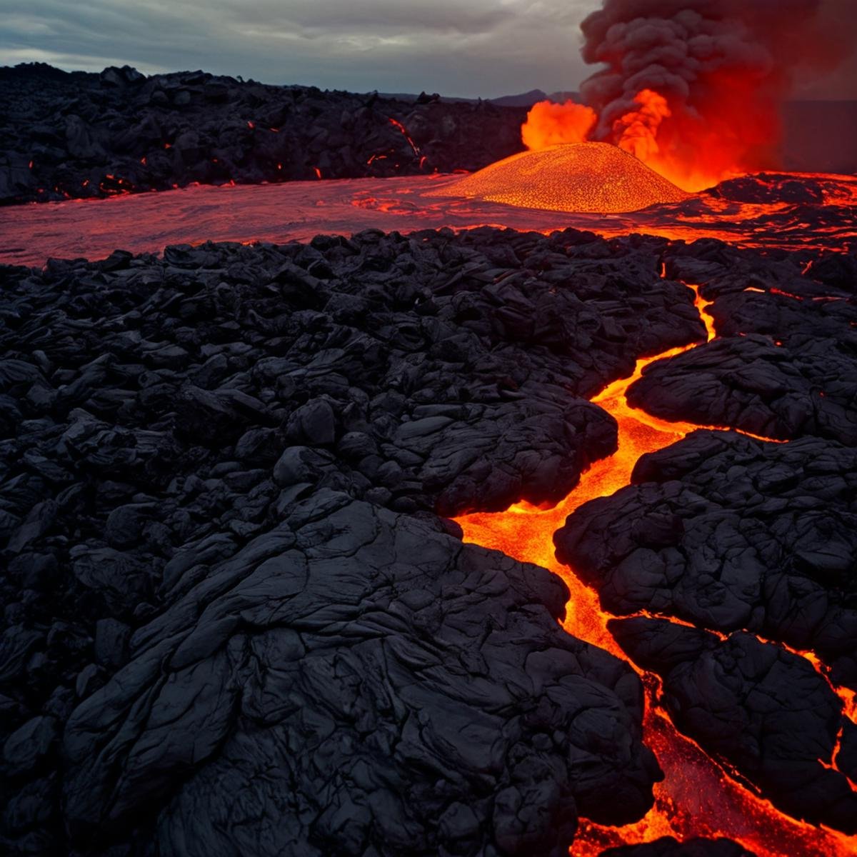 UHD, 4k, ultra detailed, cinematic, a photograph of  <lora:Ron Fricke style v2:1>a lava flow is seen from a distance, no humans, fire, scenery, smoke, science fiction, explosion, red theme, molten rock, realistic, realism, movie still, film grain, kodak film, film contrast, film color, cinematography, documentary, photography, 70 mm film, 65 mm film, Todd-AO, Todd-AO 35, 8K resolution, Ron Fricke film director style, Ron Fricke film directing style, Ron Fricke style, outdoors, sky, cloud, glowing, cloudy sky, red sky, lava, epic, beautiful lighting, inpsiring