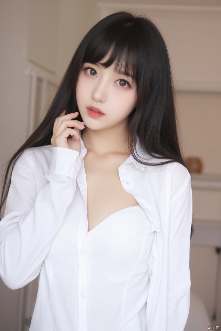 big breasts,1girl,black hair,lips,long hair,long sleeves,looking at viewer,realistic,shirt,solo,upper body,white shirt,