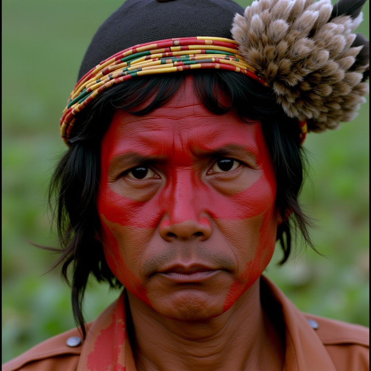 cinematic film still  <lora:RonFricke cinematic film style v1:1>In RonFricke cinematic film style a cambodian trible man with a red paint on his face and feather headdress, solo, looking at viewer, black hair, 1boy, hat, closed mouth, upper body, male focus, blurry, depth of field, blurry background, realistic, realistic, realism, movie still, film grain, kodak film, film contrast, film color, cinematography, documentary, photography, 70 mm film, 65 mm film, Todd-AO, Todd-AO 35, 8K resolution, Ron Fricke film director style, Ron Fricke film directing style, Ron Fricke style, frown, portrait . shallow depth of field, vignette, highly detailed, high budget, bokeh, cinemascope, moody, epic, gorgeous, film grain, grainy