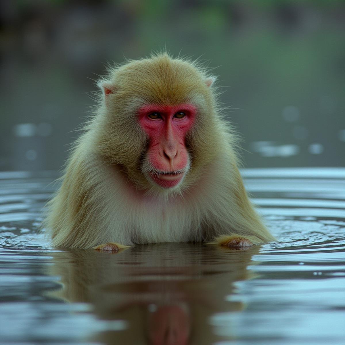 cinematic film still  <lora:RonFricke cinematic film style v1:1>In RonFricke cinematic film style a Japanese macaque monkey with a red face in the water, solo, outdoors, blurry, no humans, blurry background, animal, realistic, realistic, realism, movie still, film grain, kodak film, film contrast, film color, cinematography, documentary, photography, 70 mm film, 65 mm film, Todd-AO, Todd-AO 35, 8K resolution, Ron Fricke film director style, Ron Fricke film directing style, Ron Fricke style, looking at viewer, animal focus . shallow depth of field, vignette, highly detailed, high budget, bokeh, cinemascope, moody, epic, gorgeous, film grain, grainy