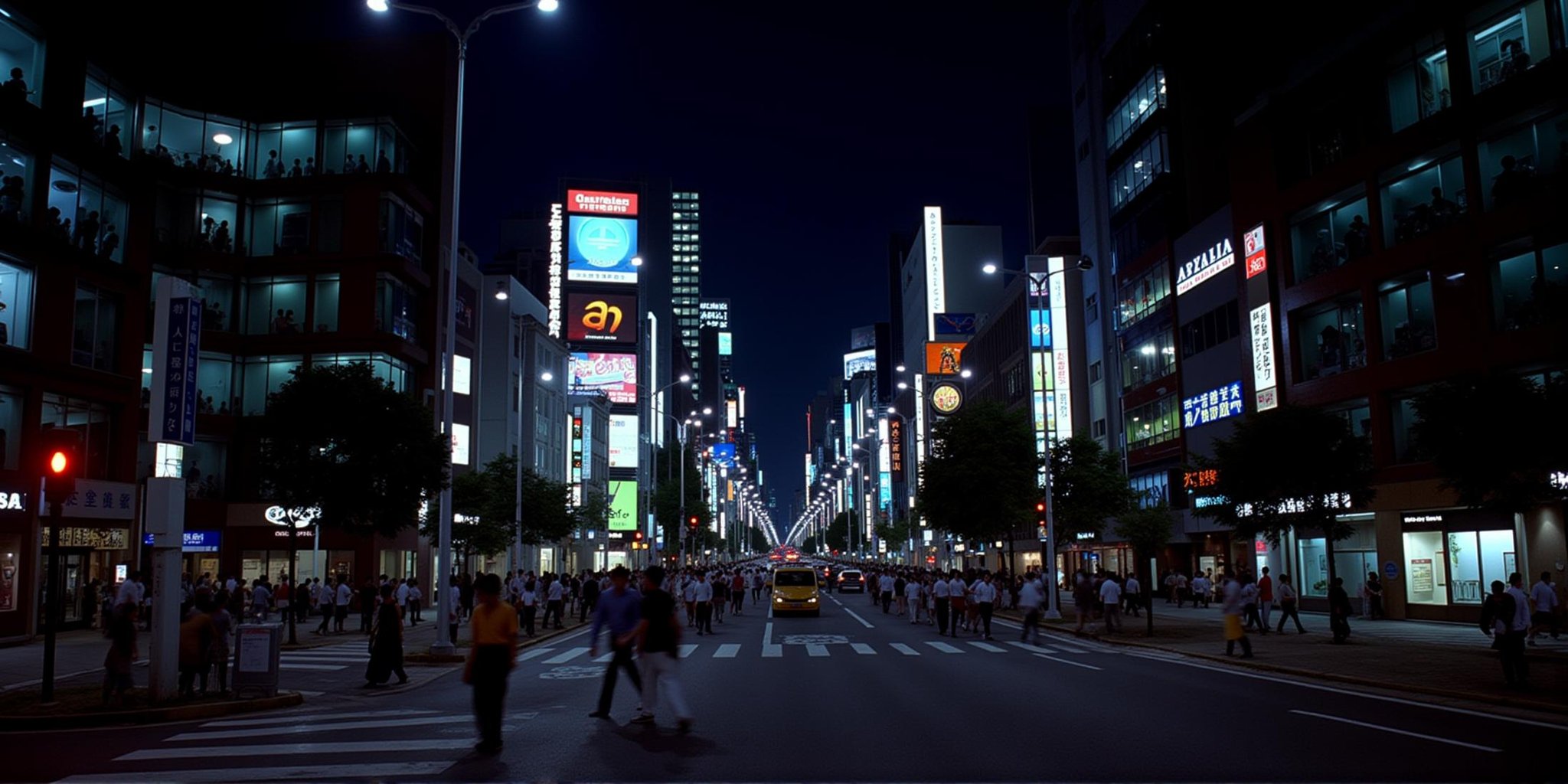 cinematic film still  <lora:RonFricke cinematic film style v1:1>In RonFricke cinematic film style a modern city street with a lot of people walking around, outdoors, sky, tree, no humans, night, ground vehicle, building, night sky, scenery, motor vehicle, city, sign, chinese text, car, road, cityscape, lamppost, street, road sign, traffic light, neon lights, crosswalk, real world location, realistic, realism, movie still, film grain, kodak film, film contrast, film color, cinematography, documentary, photography, 70 mm film, 65 mm film, Todd-AO, Todd-AO 35, 8K resolution, Ron Fricke film director style, Ron Fricke film directing style, Ron Fricke style, multiple boys, 6+boys, skyscraper, city lights, tokyo (city), billboard, night ti . shallow depth of field, vignette, highly detailed, high budget, bokeh, cinemascope, moody, epic, gorgeous, film grain, grainy