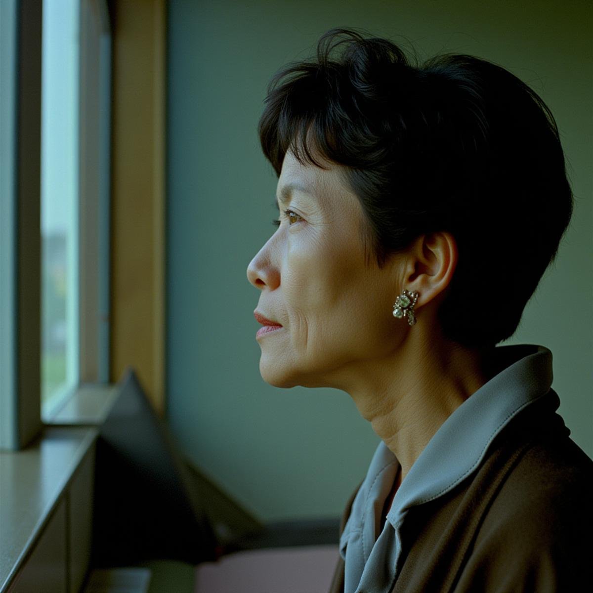 cinematic film still  <lora:RonFricke cinematic film style v1:1>In RonFricke cinematic film style a profile view of an asian middle aged woman looking out a window in a building, 1girl, solo, short hair, shirt, black hair, brown eyes, jewelry, earrings, parted lips, blurry, lips, depth of field, blurry background, portrait, freckles, realistic, nose, realistic, realism, movie still, film grain, kodak film, film contrast, film color, cinematography, documentary, photography, 70 mm film, 65 mm film, Todd-AO, Todd-AO 35, 8K resolution, Ron Fricke film director style, Ron Fricke film directing style, Ron Fricke style, indoors, window, looking away, looking afar, closed mouth, jacket, side vie . shallow depth of field, vignette, highly detailed, high budget, bokeh, cinemascope, moody, epic, gorgeous, film grain, grainy