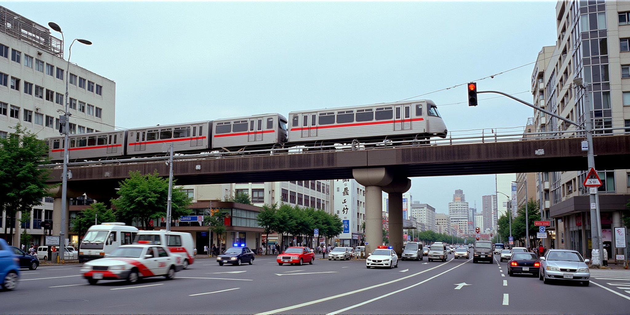 cinematic film still  <lora:RonFricke cinematic film style v1:1>1990's, In RonFricke cinematic film style a busy asian city street with a train crossing over a bridge, outdoors, sky, no humans, ground vehicle, building, scenery, motor vehicle, city, sign, motion blur, car, road, power lines, lamppost, street, road sign, traffic light, truck, real world location, bus, traffic cone, realistic, realism, movie still, film grain, kodak film, film contrast, film color, cinematography, documentary, photography, 70 mm film, 65 mm film, Todd-AO, Todd-AO 35, 8K resolution, Ron Fricke film director style, Ron Fricke film directing style, Ron Fricke style, day, tree, fence, vehicle focus, police, police uniform, crosswalk, cityscape, people, race vehicle, tokyo (city), police car . shallow depth of field, vignette, highly detailed, high budget, bokeh, cinemascope, moody, epic, gorgeous, film grain, grainy