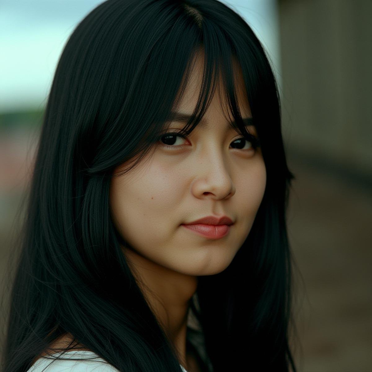 cinematic film still  <lora:RonFricke cinematic film style v1:1>In RonFricke cinematic film style a pretty asian woman with long hair and a cute face looking at camera, 1girl, solo, looking at viewer, smile, short hair, bangs, black hair, closed mouth, blurry, black eyes, lips, depth of field, blurry background, portrait, realistic, nose, realistic, realism, movie still, film grain, kodak film, film contrast, film color, cinematography, documentary, photography, 70 mm film, 65 mm film, Todd-AO, Todd-AO 35, 8K resolution, Ron Fricke film director style, Ron Fricke film directing style, Ron Fricke style, long hair, freckles, head tilt, photorealistic, closeup . shallow depth of field, vignette, highly detailed, high budget, bokeh, cinemascope, moody, epic, gorgeous, film grain, grainy