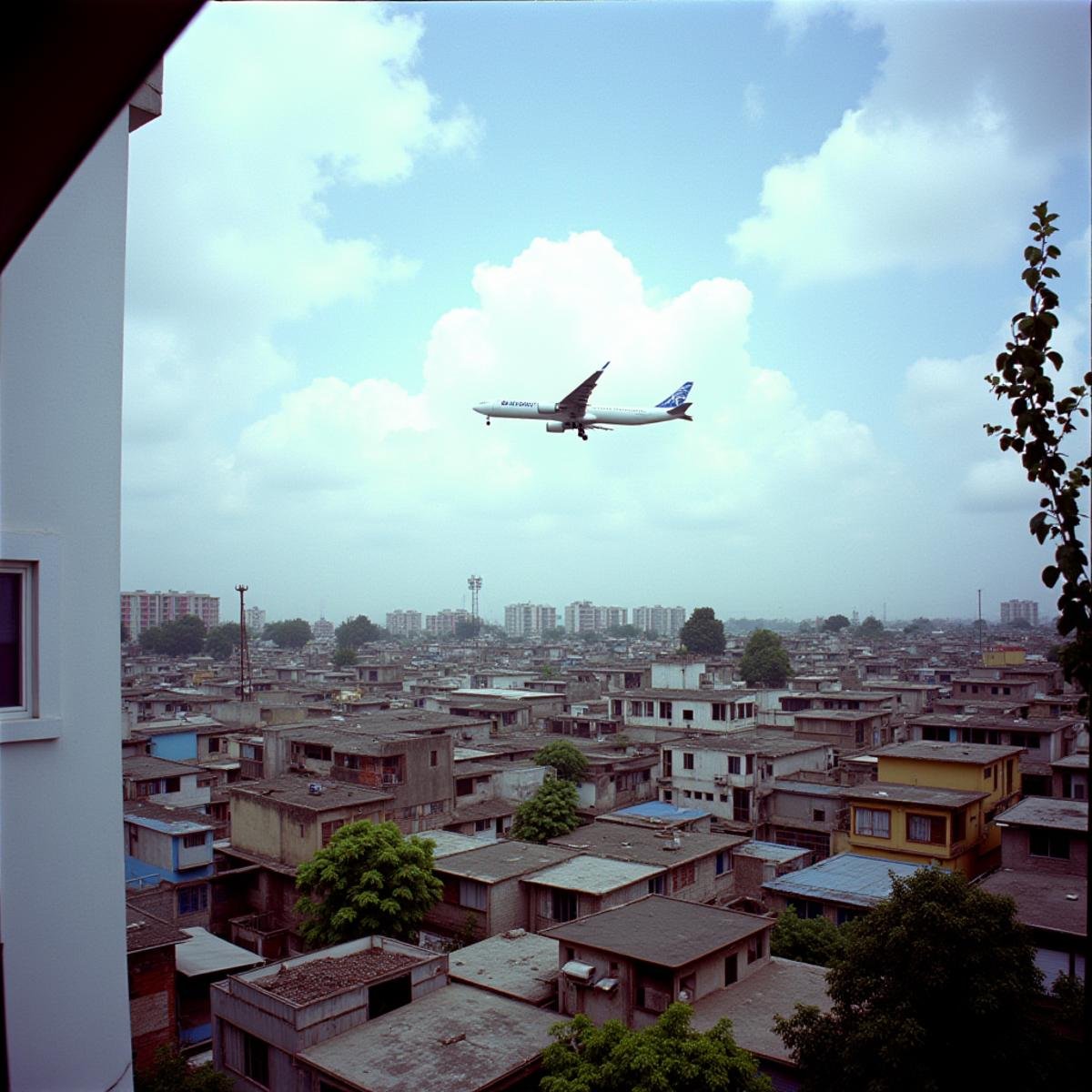 cinematic film still  <lora:RonFricke cinematic film style v1:1>In RonFricke cinematic film style a plane flying over a poor city with buildings, outdoors, sky, cloud, no humans, window, building, scenery, city, aircraft, airplane, cityscape, realistic, realism, movie still, film grain, kodak film, film contrast, film color, cinematography, documentary, photography, 70 mm film, 65 mm film, Todd-AO, Todd-AO 35, 8K resolution, Ron Fricke film director style, Ron Fricke film directing style, Ron Fricke style, tree, flying, sign, fence, vehicle focus, power lines, side view . shallow depth of field, vignette, highly detailed, high budget, bokeh, cinemascope, moody, epic, gorgeous, film grain, grainy