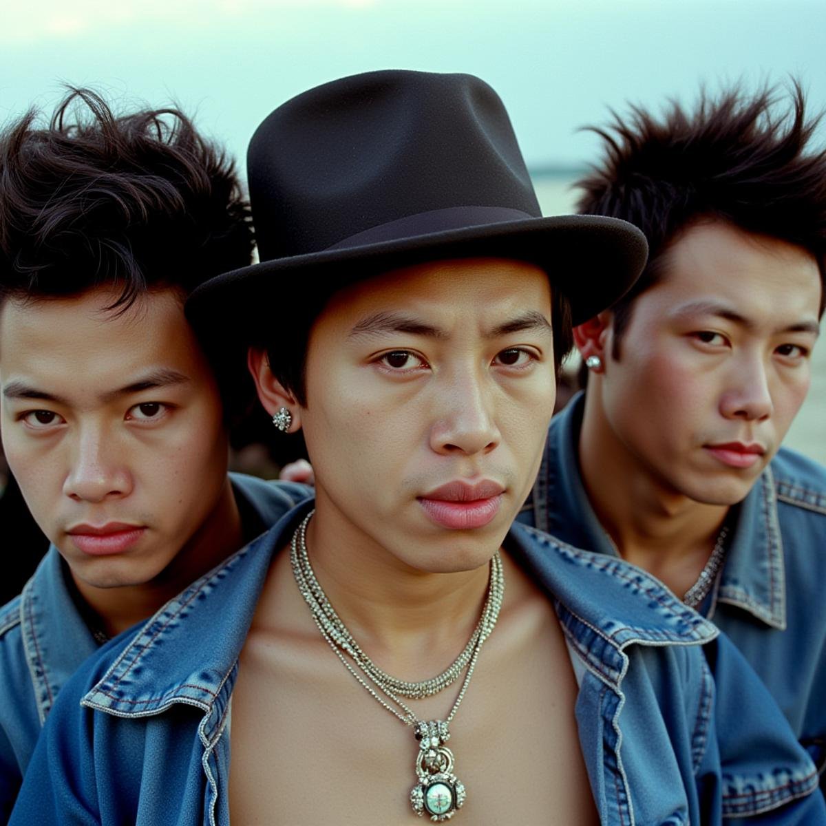 cinematic film still  <lora:RonFricke cinematic film style v1:1>In RonFricke cinematic film style three asian punk men with punk hair on their heads, looking at viewer, black hair, hat, jewelry, closed mouth, male focus, multiple boys, 2boys, necklace, blurry, lips, blurry background, 3boys, realistic, afro, denim jacket, realistic, realism, movie still, film grain, kodak film, film contrast, film color, cinematography, documentary, photography, 70 mm film, 65 mm film, Todd-AO, Todd-AO 35, 8K resolution, Ron Fricke film director style, Ron Fricke film directing style, Ron Fricke style, brown hair, brown eyes, retro artstyle, bokeh, 1980s (style), pompadour, jacket, blue jacket, photorealistic . shallow depth of field, vignette, highly detailed, high budget, bokeh, cinemascope, moody, epic, gorgeous, film grain, grainy