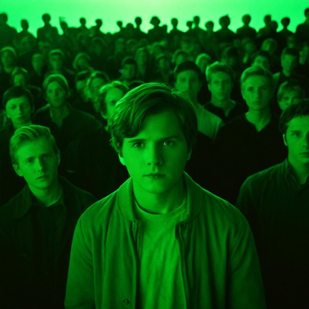 cinematic film still of  <lora:epic cinematic color style:1>In "Green themed color", a cinematic motion picture film of a man standing in front of a crowd of people movie themed, sharp, detailed, epic cinematic color style, artistic creative color photography style, dramatic cinematic light style, cinematic dramatic color style, Kodak color film style, cinematic color motion picture film style, holding, multiple boys, silhouette, dark, green theme, short hair, shallow depth of field, vignette, highly detailed, high budget, bokeh, cinemascope, moody, epic, gorgeous, film grain, grainy