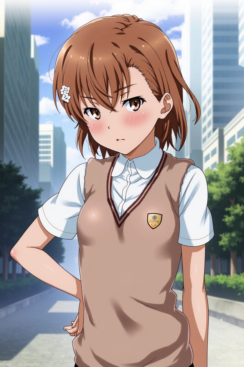 Misaka mikoto,brown hair,short hair ,  school uniform , at school , brown vest , 
In futuristic city , 
