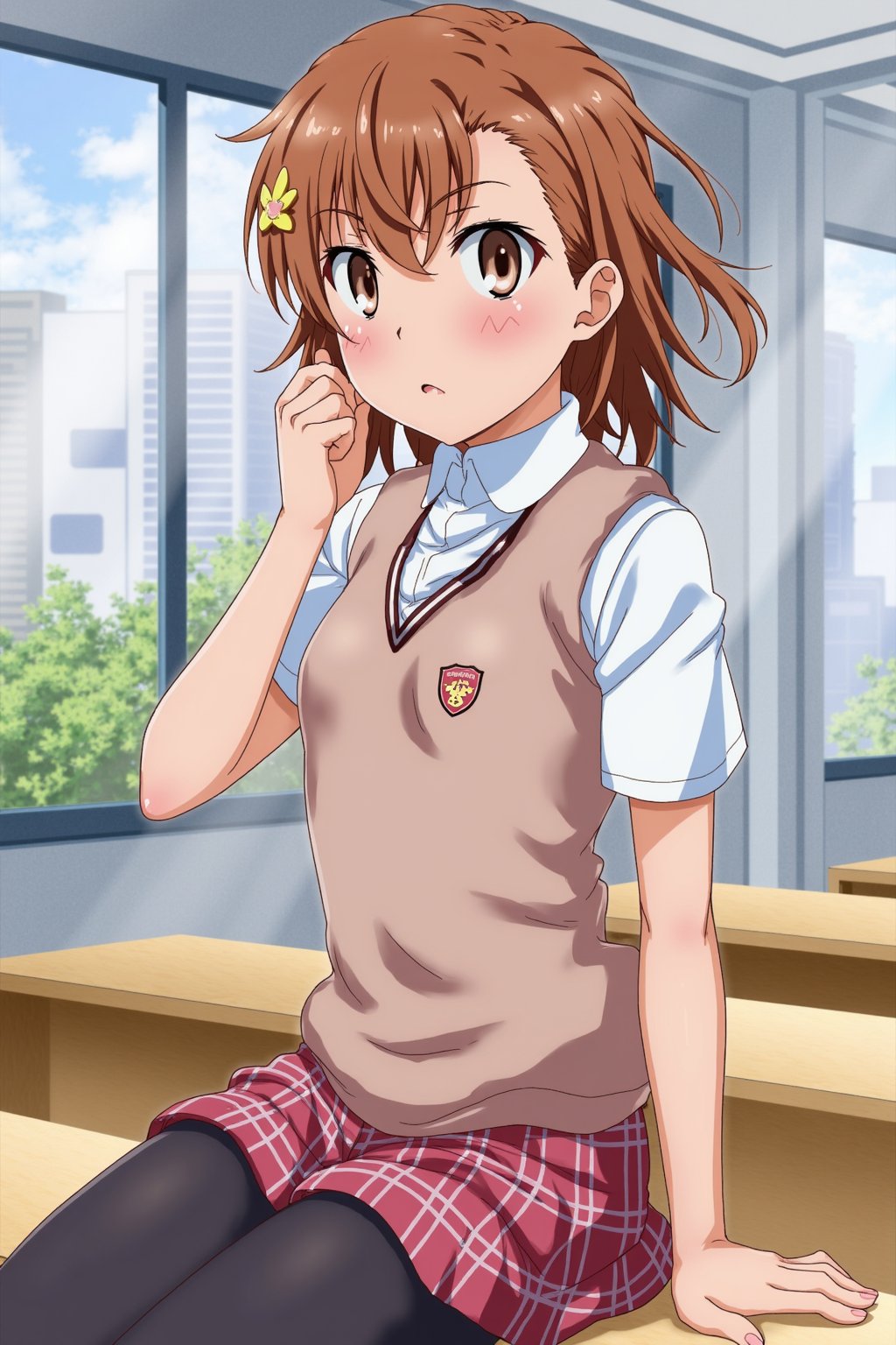 Misaka mikoto,brown hair,short hair ,  school uniform , in classroom ,  at school , brown vest , 
In futuristic city , 
