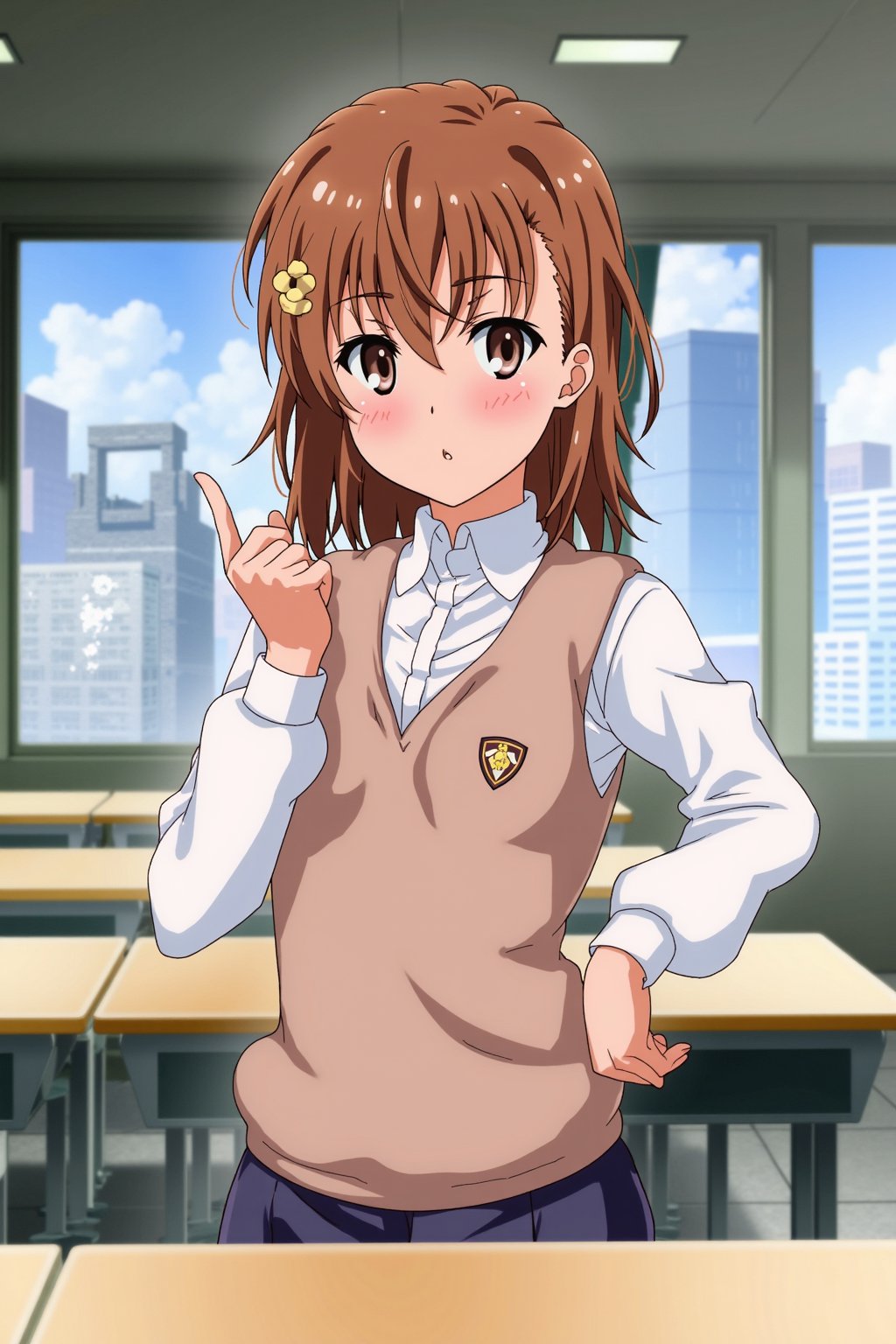 Misaka mikoto,brown hair,short hair , she is studying ,    school uniform , in classroom ,  at school , brown vest , 
In futuristic city , 
