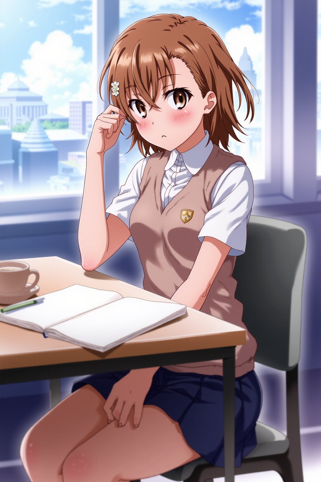 Misaka mikoto,brown hair,short hair , she is studying , sitting ,     school uniform , in classroom ,  at school , brown vest , 
In futuristic city , 
