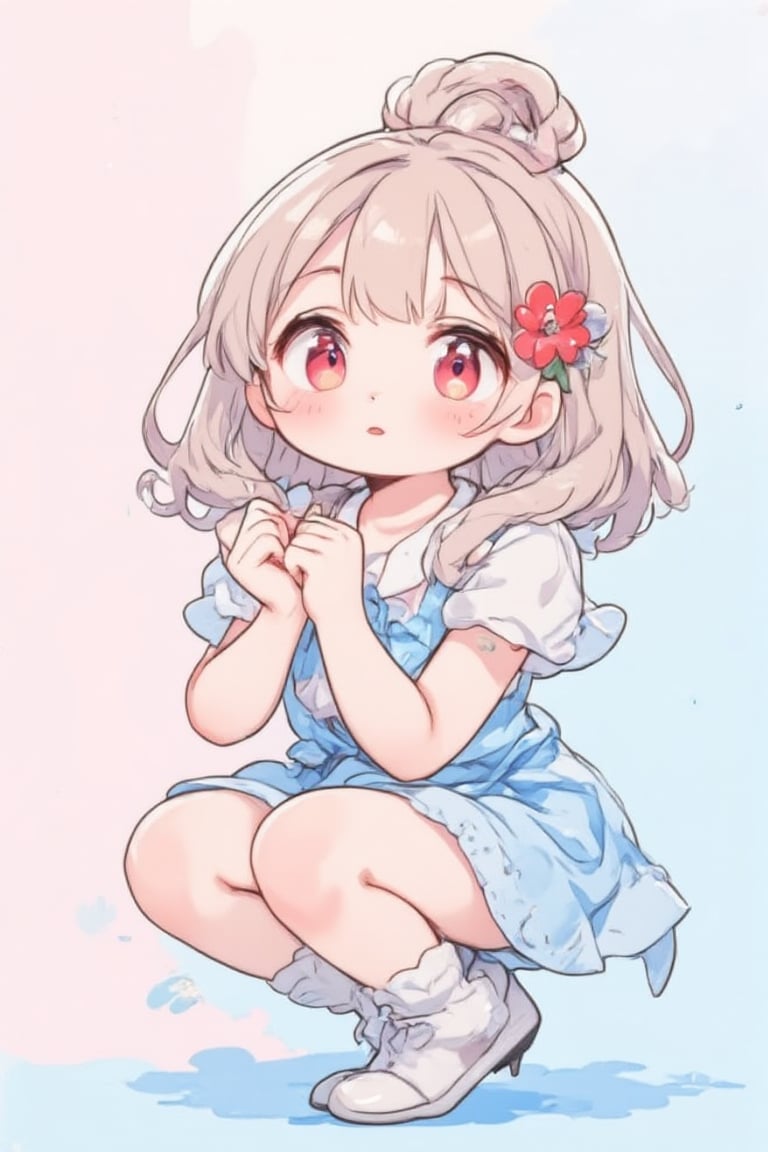 Animated image of an anime chibi girl with long light brown hair and a red flower. She is wearing a light blue dress with a blue ribbon tied around her waist. She is in a squatting position with her legs crossed. Her eyes are red and her lips are painted red. Her hair is tied up in a ponytail with a ribbon on her head. Her dress is light blue with a white shirt underneath. Her socks are light grey and her boots are white. The background is light pink and blue.,Chibi-chan