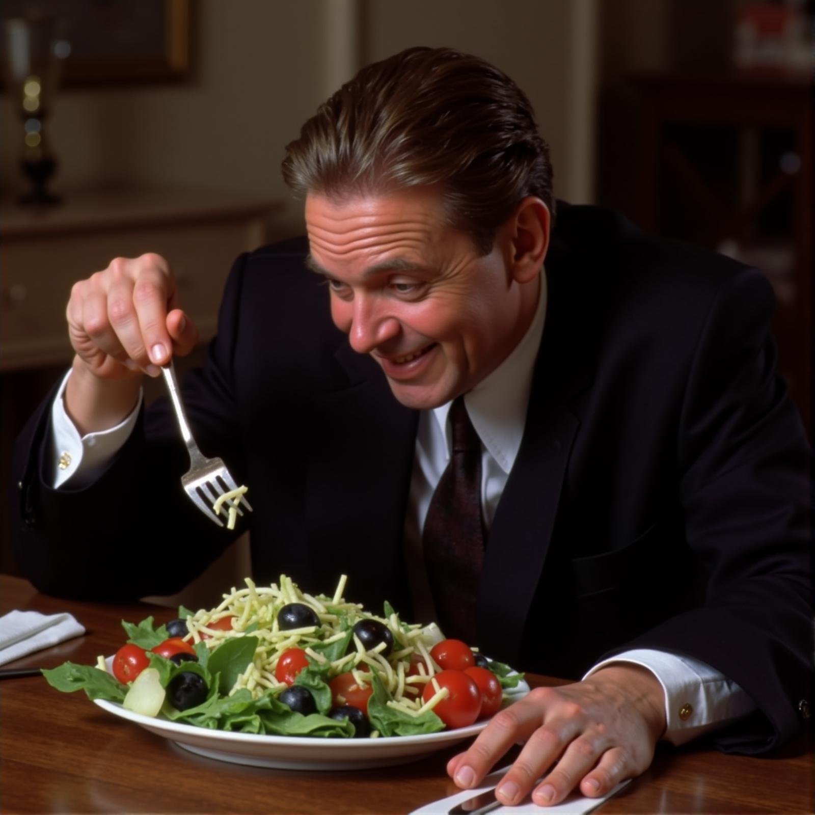 cinematic film still  <lora:hand v1:1>A cinematic detailed image of a man in a suit eating a salad with a fork, movie themed, sharp, detailed background, epic cinematic photography, artistic style, dramatic light style, cinematic color style, Kodak 35mm film style, detailed style, hand focus style, holding, food, table, knife, plate, realistic, spoon, fork, holding fork, food focus, vegetable, 1boy, fingernails, out of frame, photorealistic . shallow depth of field, vignette, highly detailed, high budget, bokeh, cinemascope, moody, epic, gorgeous, film grain, grainy