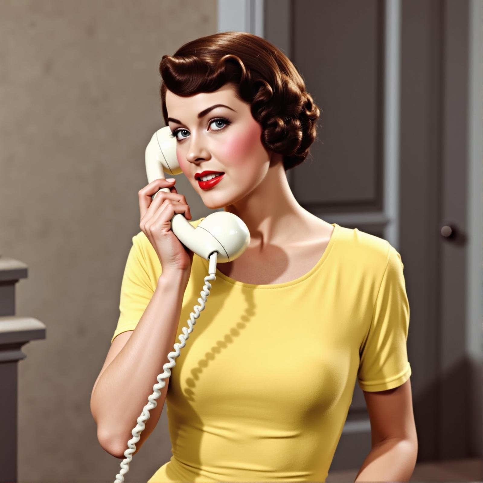 <lora:hand v1:1>A perfect detailed hand focus photo of a 1930's woman in a yellow dress is talking on a classic vintage white phone while holding it with perfect hand