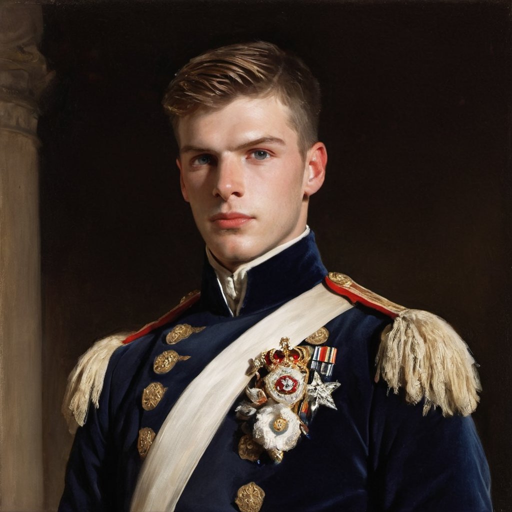 score_9, score_8_up, score_7_up, score_6_up, score_5_up, score_4_up, GQ, 8K image: Max Verstappen, a majestic young prince from the Victorian Era, Rococo, and 1800s stands tall, his royal dark blue velvet regal style coat glistening in the soft light of an ethereal kingdom village. His handsome features are accentuated by cinematic lighting, with shadows defining his thick eyebrows, facial hair, and chest hair. His piercing gaze, framed by a defined jawline and crooked nose, radiates youthful energy, confidence, and lustful masculinity. At 16 years old, he exudes alpha male charm, as if ready to lead the Napoleonic War charge. In this masterpiece of a portrait, he faces directly, his pale skin glowing with a subtle sheen. The camera captures every detail, from his shiny black hair to his royal commander attire, amidst an outdoor setting reminiscent of a Renaissance painting. The soft aesthetic and innocent charm evoke a sense of mythological fantasy, as if this young captain is destined for great deeds. Art by John Singer Sargent, Greg Rutkowski, or Wlop would bring this stunning image to life, with camera settings mirroring those of a high-end oil painting: Canon EOS 5D Mark IV, Lens: 85mm f/1.8, f/4.0, ISO 100, and 1/500 sec.