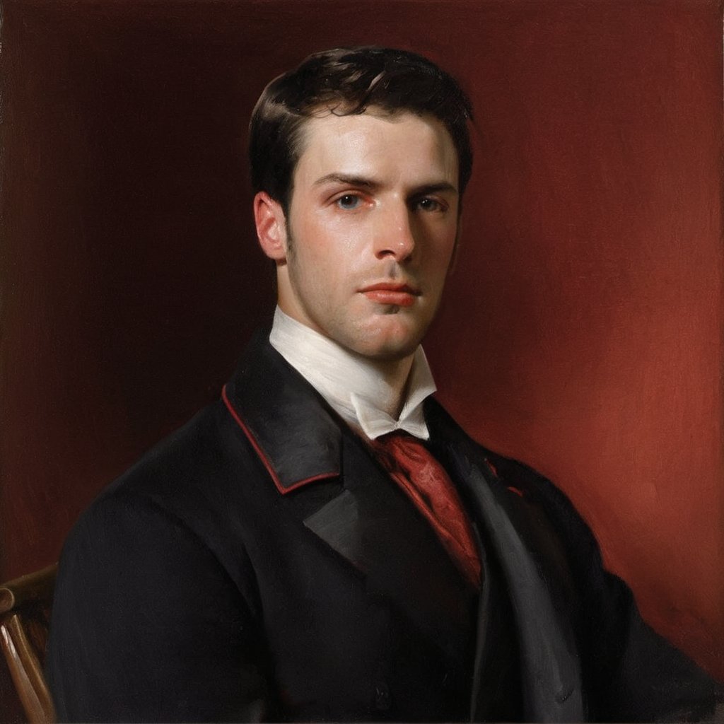 score_9, score_8_up, score_7_up, score_6_up, score_5_up, score_4_up, GQ, 8K image:

Brian Bonds. an neoclassical painting portrait of a young Italian handsome man with a strong, confident demeanor. He has neatly styled dark hair that is slightly swept back, framing his angular face. His expression is serious yet approachable, with a hint of curiosity in his eyes. Regency era from the 19th Century. The image has harsh strokes on the old canvas imitating the paintings from that era.

He is dressed in a classic aristocrat formal outfit, featuring a tailored black coat that fits snugly across his shoulders and torso. Underneath, he wears a crisp white shirt with a high, structured collar that stands up prominently, giving the ensemble an air of sophistication. The collar is stark against the dark fabric of the coat and adds an element of elegance to his appearance.

The young man is positioned slightly to the side, with his head turned to face the viewer, showcasing a profile that highlights his sideburn, strong jawline and refined features. He rests one hand on the arm of a richly carved wooden chair, suggesting a relaxed confidence.

The background is a warm, muted red that contrasts with his dark clothing, drawing focus to his face and attire. The lighting is dark and harsh, subtly illuminating his features and casting harsh shadows that enhance the depth of the portrait.

Pay close attention to the details of his clothing, the expression in his eyes, and the overall classic elegance of the composition, capturing a moment of dignified presence and introspection.
Oil painting art by John Singer Sargent, Greg Rutkowski, or Wlop would bring this stunning image to life.