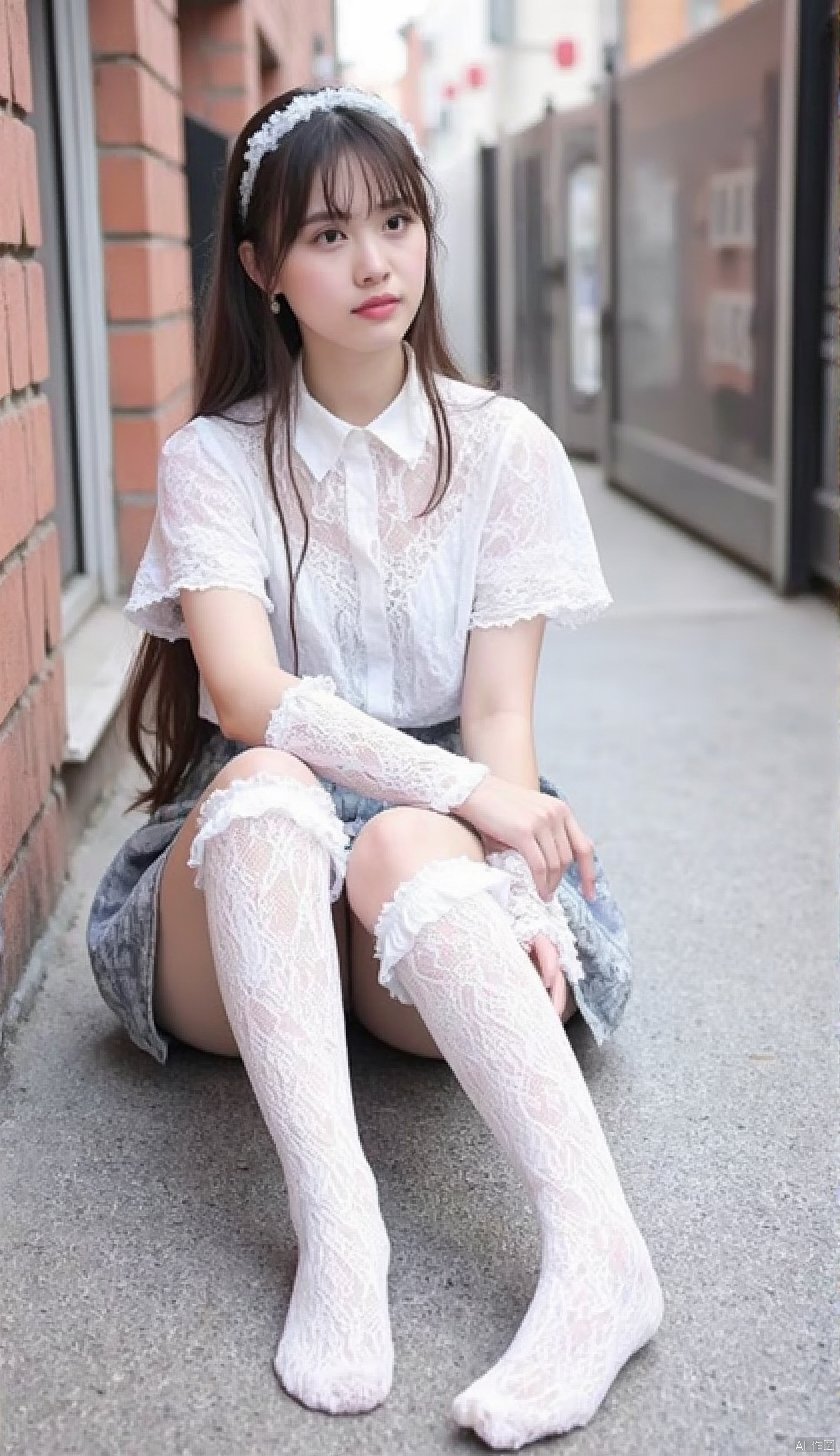  1girl,upper body,sitting,street,city,outdoors,long legs,looking_at_viewer,lacelolita,white socks