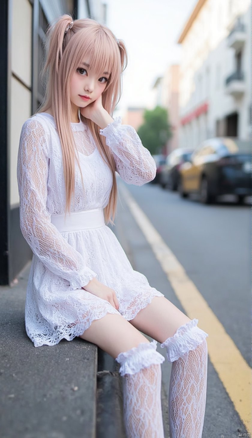  1girl,upper body,sitting,street,city,outdoors,long legs,looking_at_viewer,lacelolita,white socks,relastic