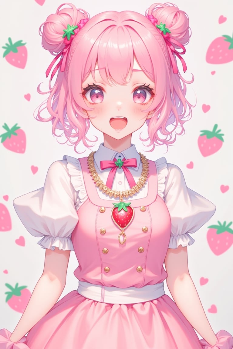 1 girl solo, ((strawberry)), pink hair buns, curly hair, cute dress, harajuku street fashion, decora fashion, beads and charms, many accessories, strawberry theme clothes, ,Kawaii, cute, pretty, anime,pastelz