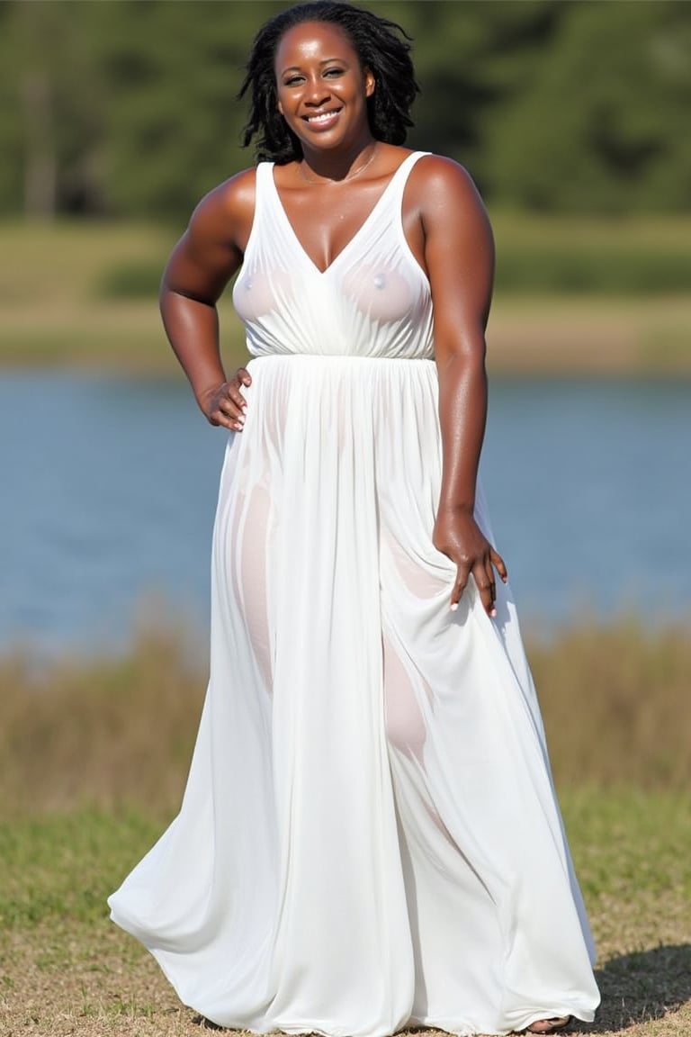 african woman wearing a wet wedding dress, standing outdoors, lake in the background