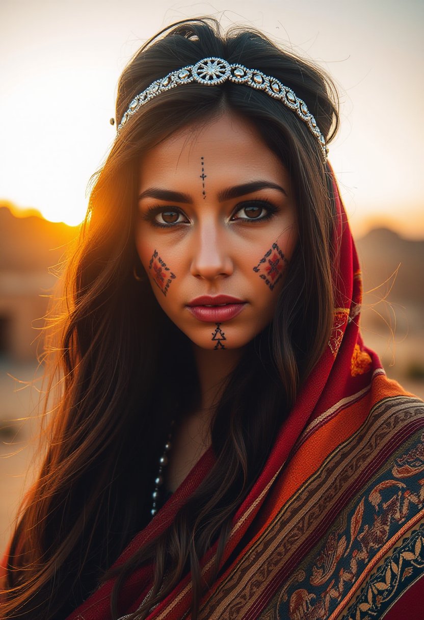 A striking portrait of a Moroccan woman with deep, soulful brown eyes and long, dark wavy hair, adorned with a delicate silver headpiece. Her face is intricately decorated with traditional Amazigh (Berber) tribal tattoos, featuring geometric patterns running along her chin, and forehead. She wears a vibrant, hand-woven shawl in shades of deep red and earthy tones, draped over her shoulders. The lighting is soft and warm, casting gentle shadows on her face, enhancing the intricate details of the tattoos. The background is a rustic Moroccan village at sunset, with the warm glow of the fading sun illuminating the desert landscape. The portrait is highly detailed, with a photo-real composition, capturing the rich cultural heritage and timeless beauty of the subject,Usham