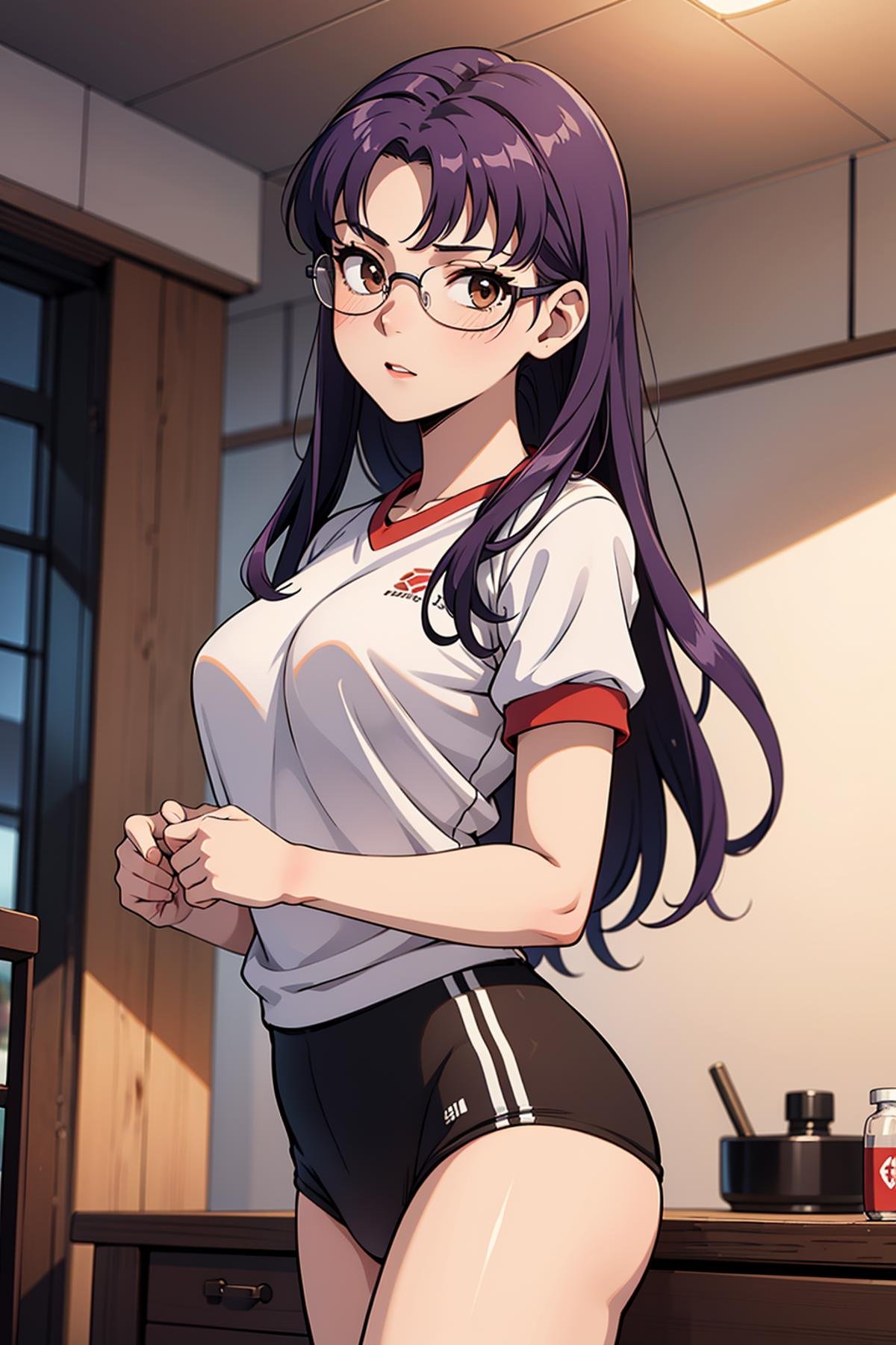 masterpiece, best quality, 1girl, solo, looking at viewer, <lora:EPngeKatsuragiMisato-08:0.75>, EPngeKatsuragiMisato , purple hair, brown eyes, long hair, squinting, detailed background, gym uniform, round eyewear, cowboy shot, indoors, [living room|kitchen|bed room|classroom|bath room| train interior| car interior|bus interior|bus stop|train station|changing room| stairwell]