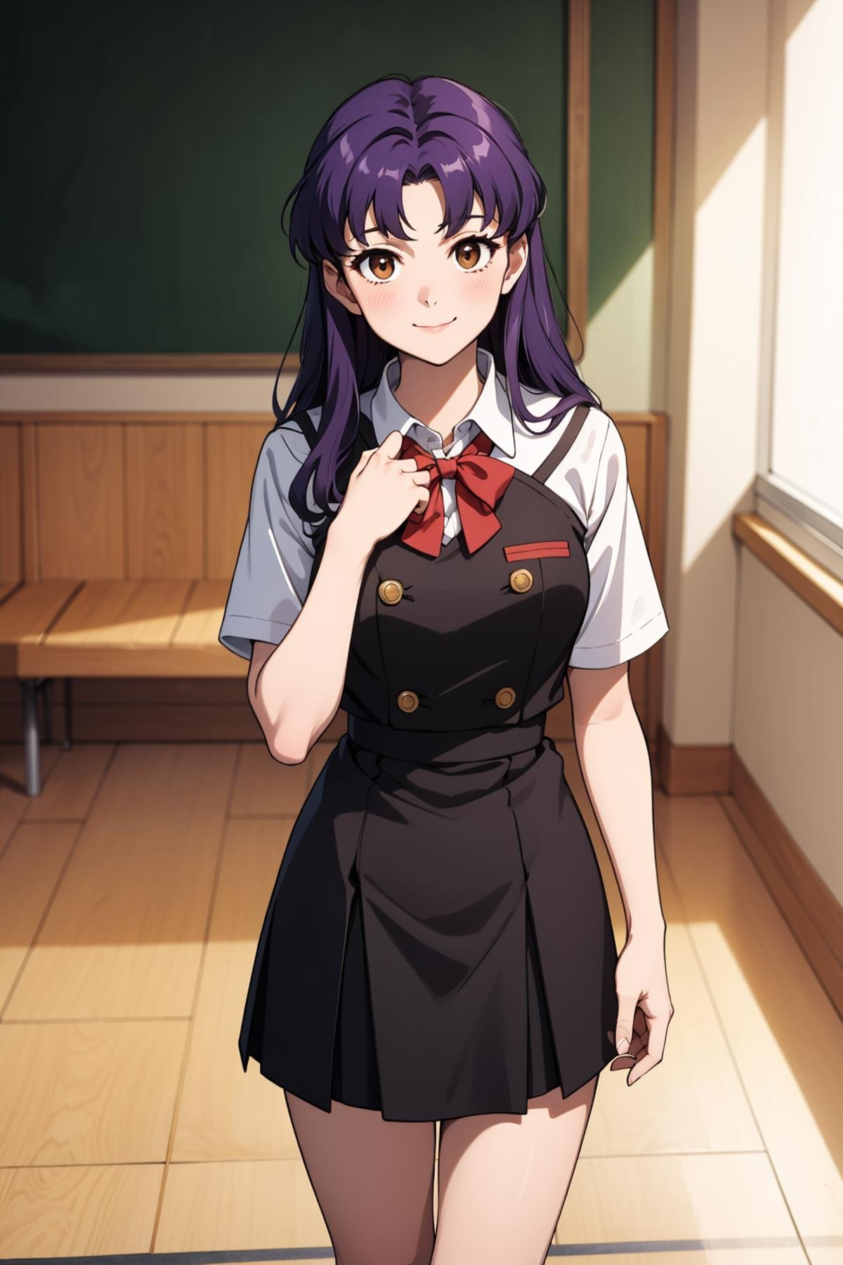 masterpiece, best quality, 1girl, solo, looking at viewer, <lora:EPngeKatsuragiMisato-08:0.75>, EPngeKatsuragiMisato , purple hair, brown eyes, long hair, light smile, detailed background, school uniform, mismatched footwear, cowboy shot, indoors, [living room|kitchen|bed room|classroom|bath room| train interior| car interior|bus interior|bus stop|train station|changing room| stairwell]