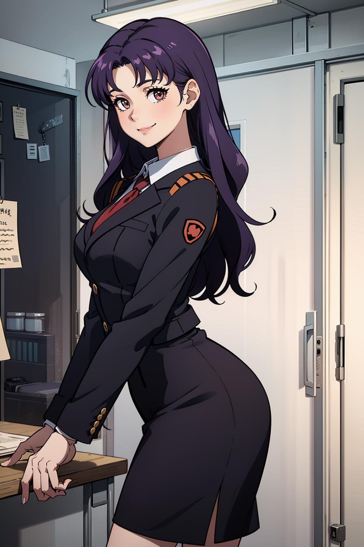 masterpiece, best quality, 1girl, solo, looking at viewer, <lora:EPngeKatsuragiMisato-08:0.75>, EPngeKatsuragiMisato , purple hair, brown eyes, long hair, smile, detailed background, cowboy shot, formal, suit, pencil skirt,wearing edgpdress <lora:edgPencilDressv3:1>, indoors, office, cubicle, desk, office chair, office lady, smile, 