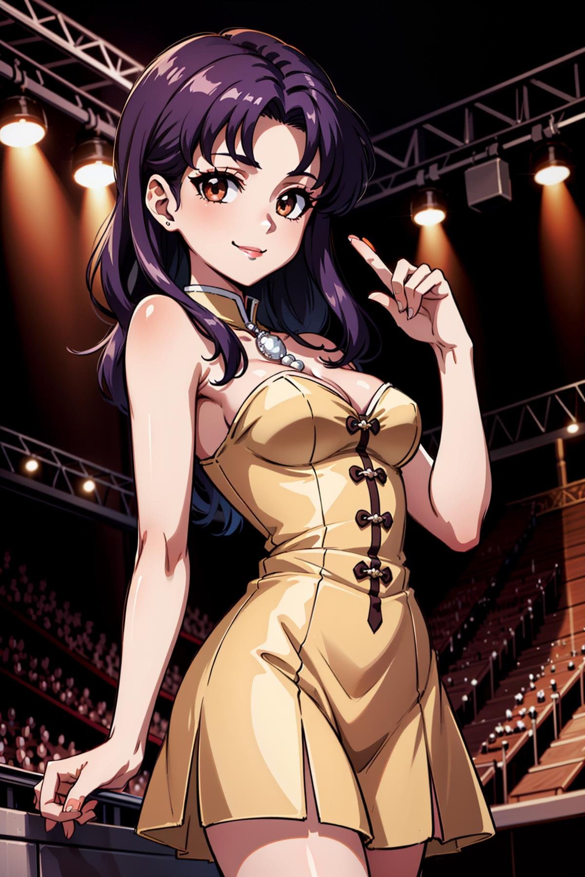 masterpiece, best quality, 1girl, solo, looking at viewer, <lora:EPngeKatsuragiMisato-08:0.75>, EPngeKatsuragiMisato , purple hair, brown eyes, long hair, naughty smile, detailed background, cowboy shot, indoors, concert, stage, stage lights, woman wearing a dress made of pearls,skirt,wearing edgpearldress <lora:edgPearlDressv1:0.8>