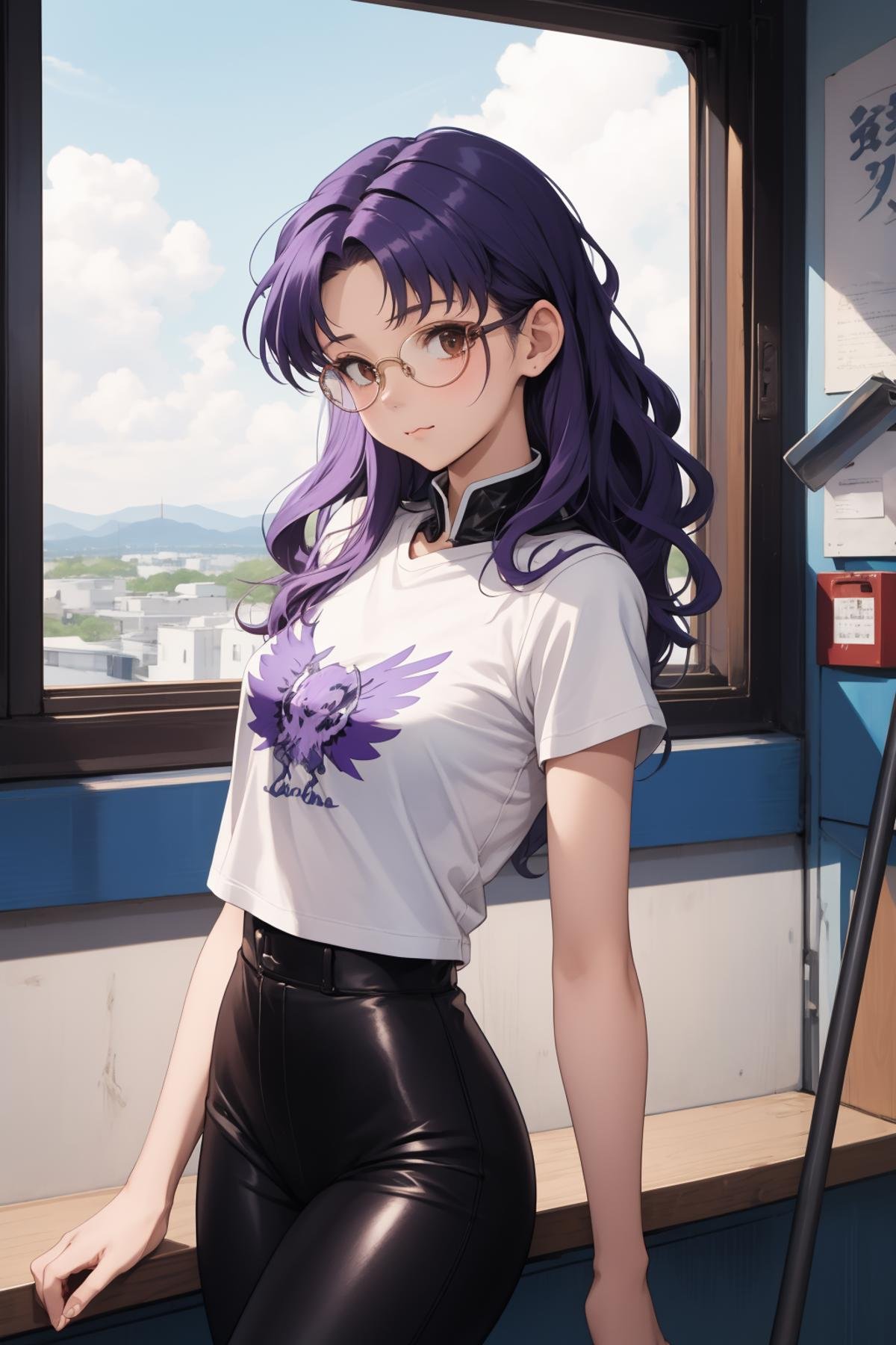 masterpiece, best quality, 1girl, solo, looking at viewer, <lora:EPngeKatsuragiMisato-08:0.75>, EPngeKatsuragiMisato , purple hair, brown eyes, long hair, wavy mouth, closed mouth, detailed background, sky blue t-shirt, leather pants, head wings, round eyewear, cowboy shot, indoors, [living room|kitchen|bed room|classroom|bath room| train interior| car interior|bus interior|bus stop|train station|changing room| stairwell]